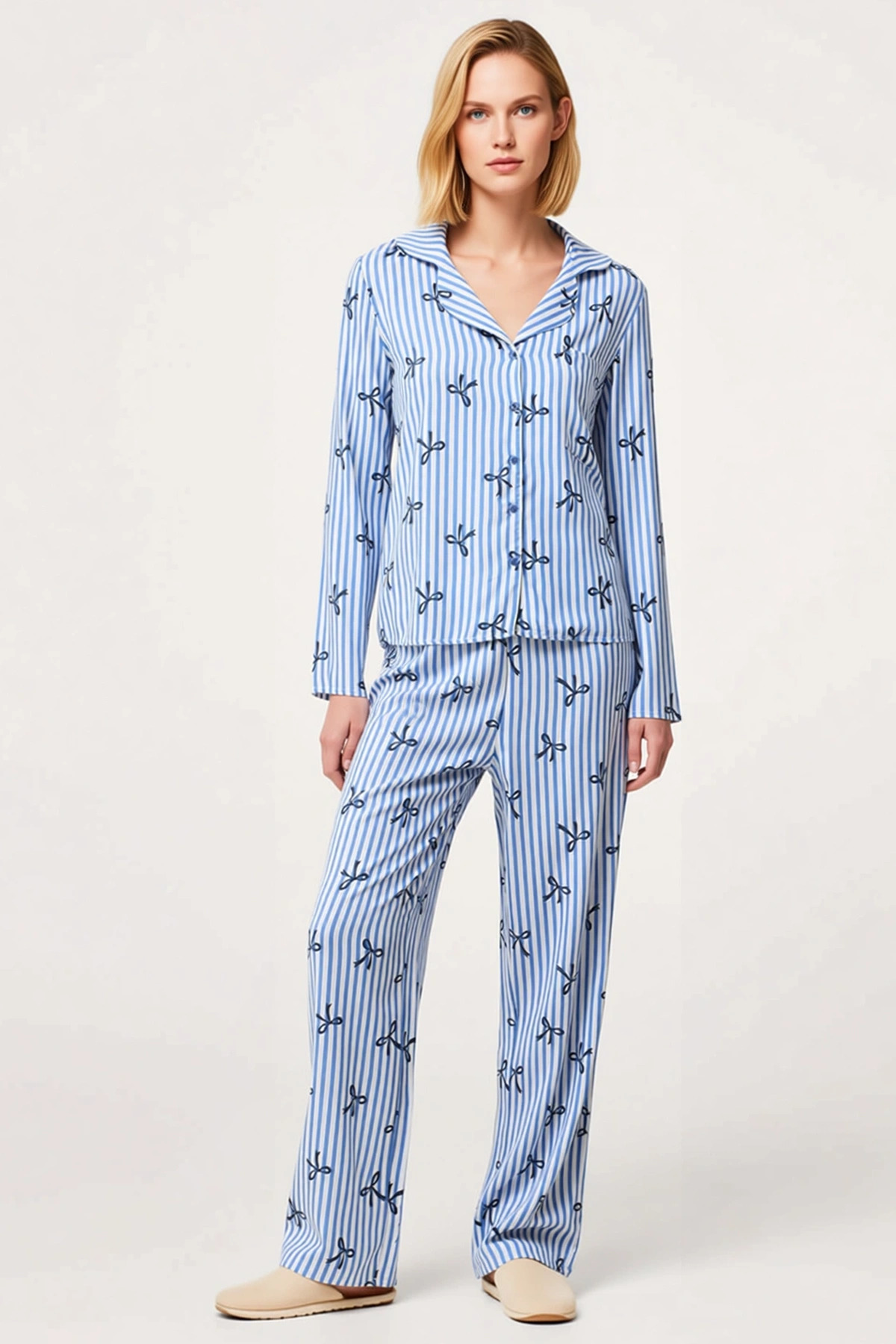 Kadın Gömlek Yaka Standart Kol Regular Kalıp Dokuma Pijama Takımı Fonksiyonel Dayanıklı Şık
