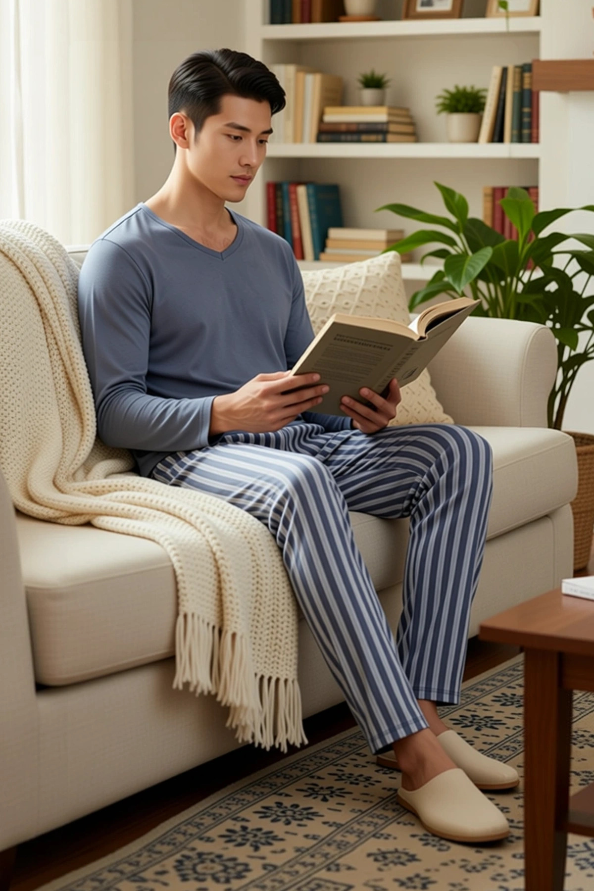 Erkek V Yaka Uzun Kol Regular Fit Çizgili Pijama Takımı Fonksiyonel Dayanıklı Şık %100 Pamuk