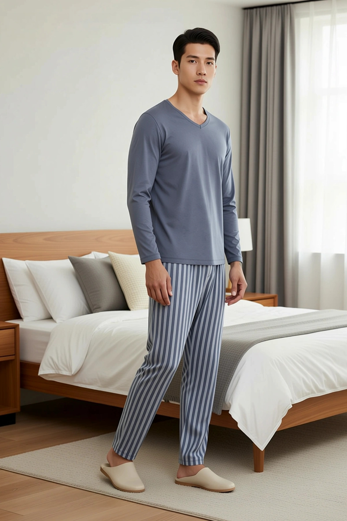 Erkek V Yaka Uzun Kol Regular Fit Çizgili Pijama Takımı Fonksiyonel Dayanıklı Şık %100 Pamuk