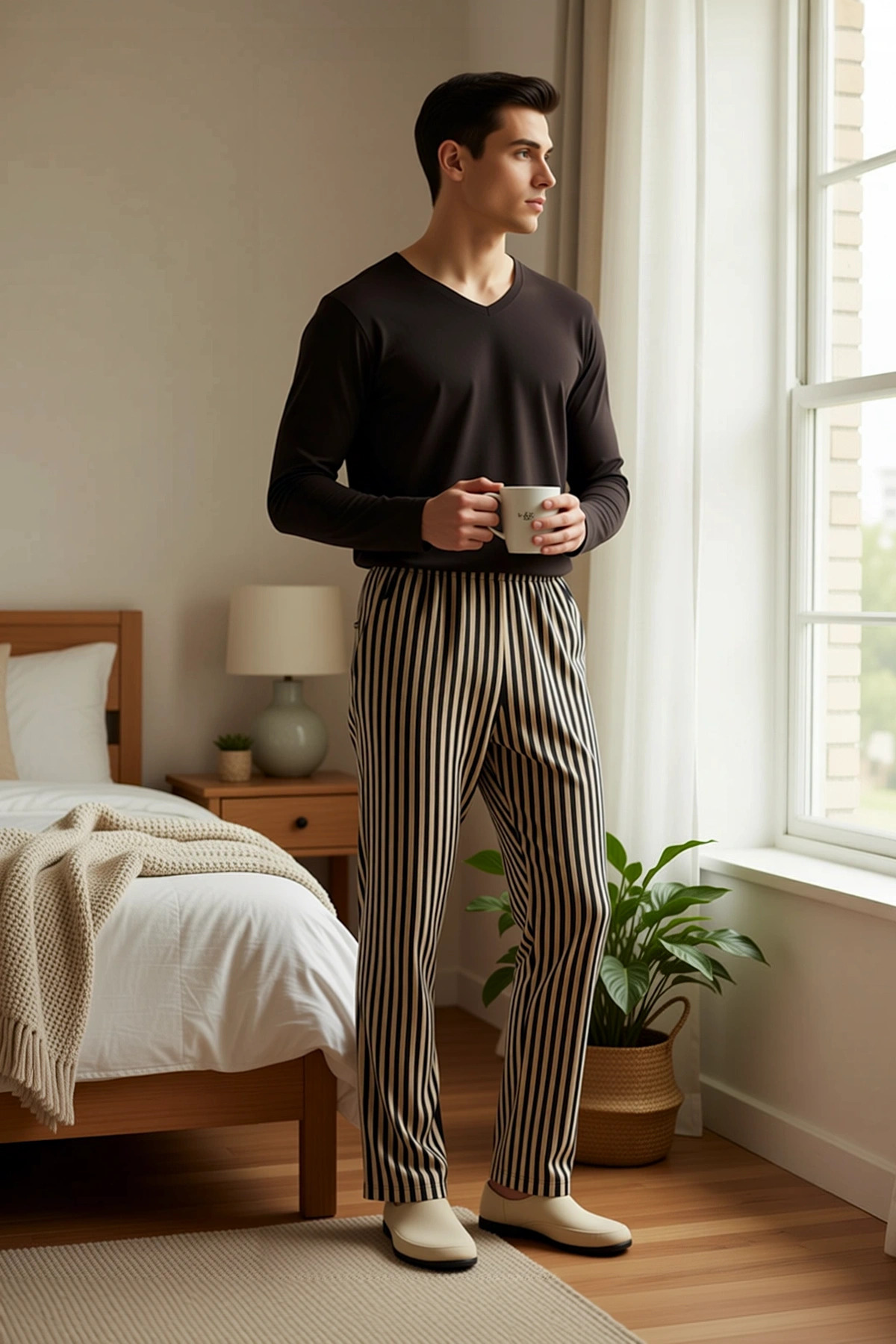 Alternative view of Erkek V Yaka Uzun Kol Regular Fit Çizgili Pijama Takımı Fonksiyonel Dayanıklı Şık 0 Pamuk