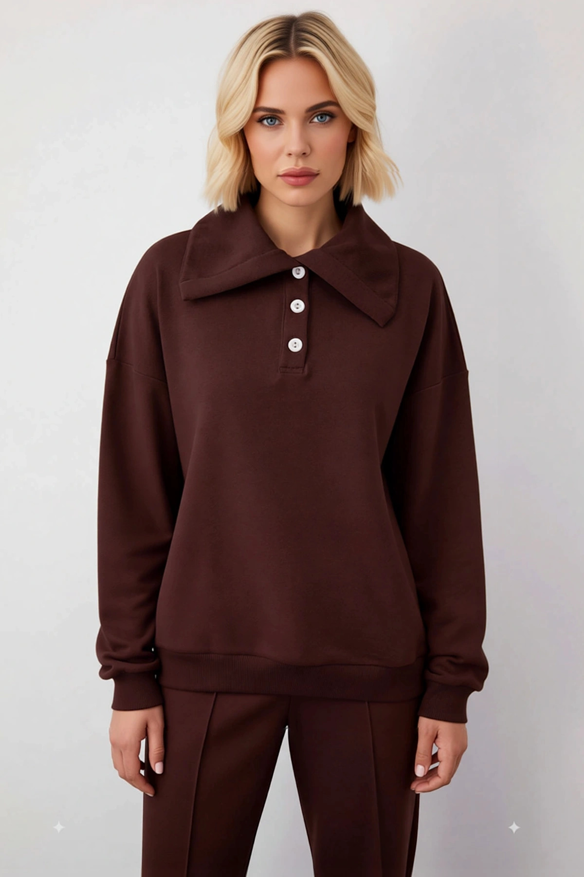 Kadın Polo Yaka Düşük Kol Örme Sweatshirt Fonksiyonel Dayanıklı Kaliteli Konforlu Estetik Şık
