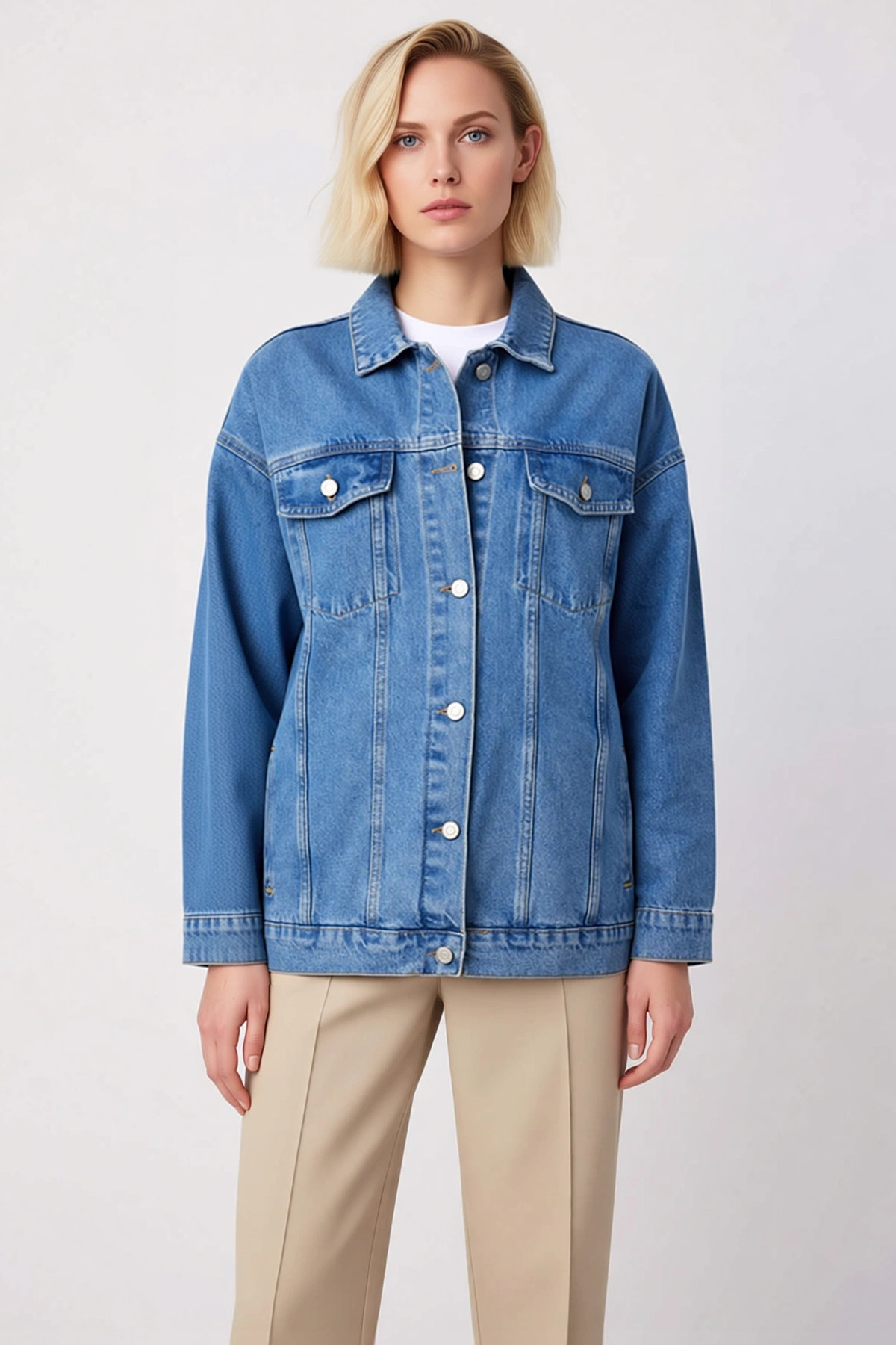 Kadın Oversize Gömlek Yaka Düşük Kol Uzun Kollu Denim Ceket %100 Pamuk Fonksiyonel Estetik