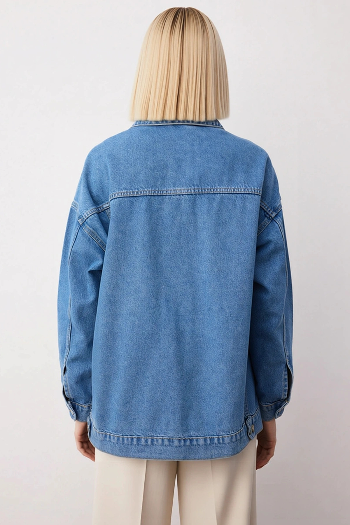 Kadın Oversize Gömlek Yaka Düşük Kol Uzun Kollu Denim Ceket %100 Pamuk Fonksiyonel Estetik