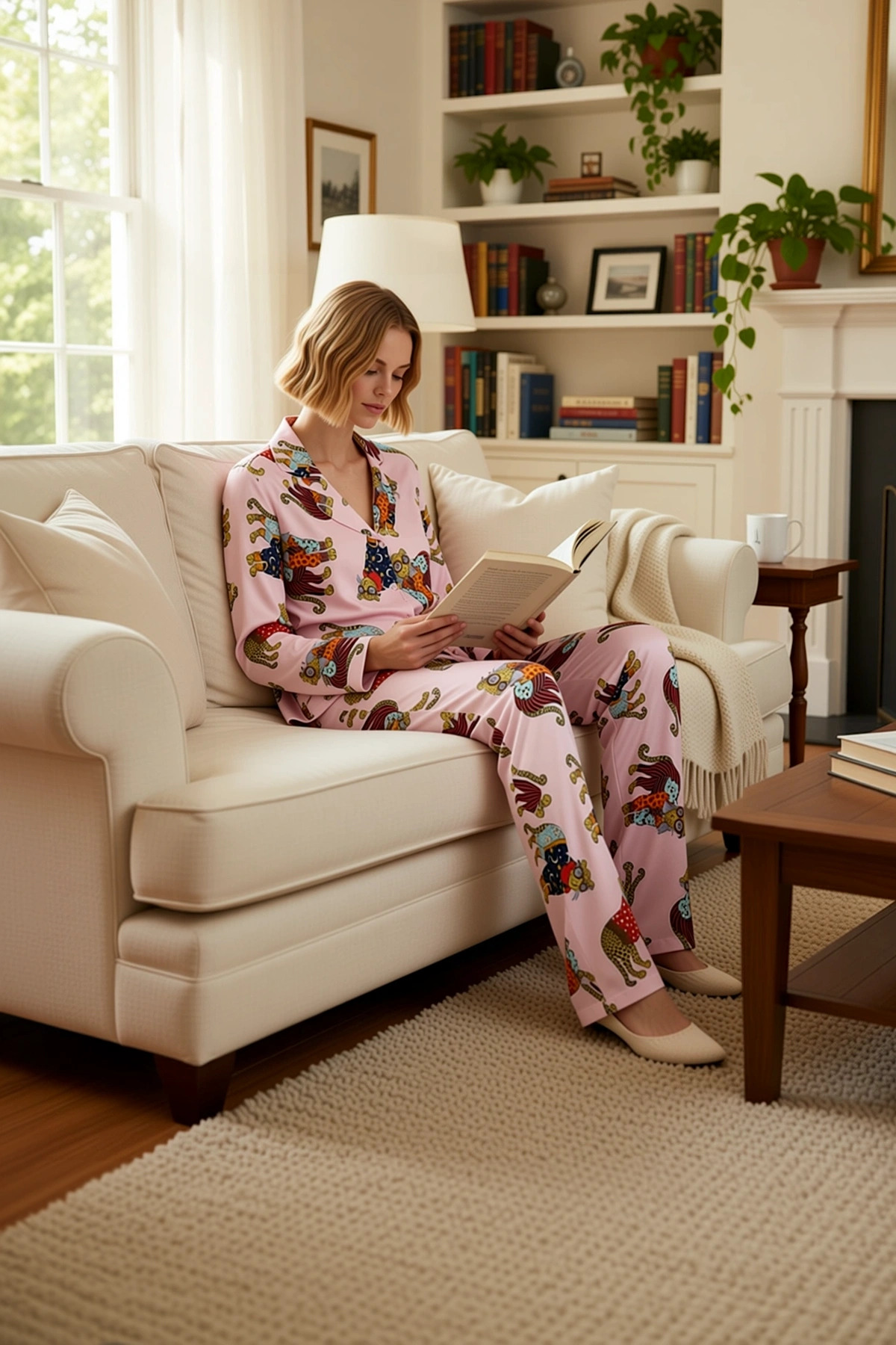 Kadın Gömlek Yaka Uzun Kol Kaplan Baskılı Pijama Takımı Regular Kalıp Dayanıklı %100 Pamuk