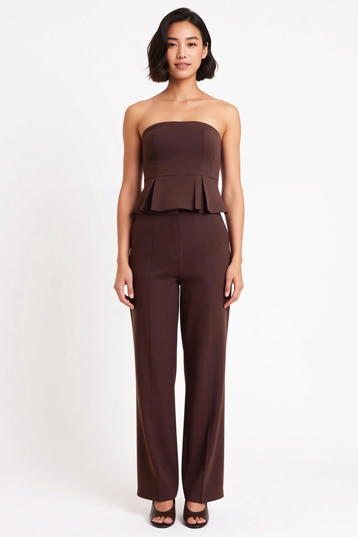 Kadın Büyük Beden Straplez Peplum Bluz Düz Paça Pantolon Takımı Poplin Dokuma Günlük Rahat Modern