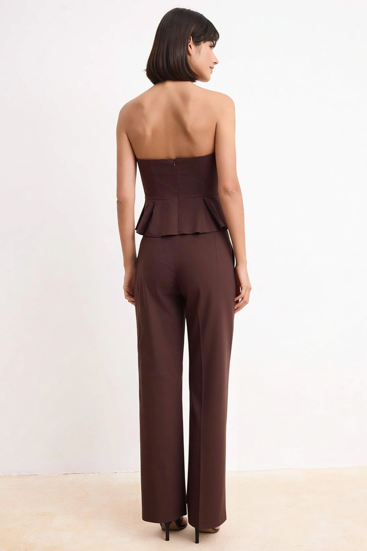 Kadın Büyük Beden Straplez Peplum Bluz Düz Paça Pantolon Takımı Poplin Dokuma Günlük Rahat Modern