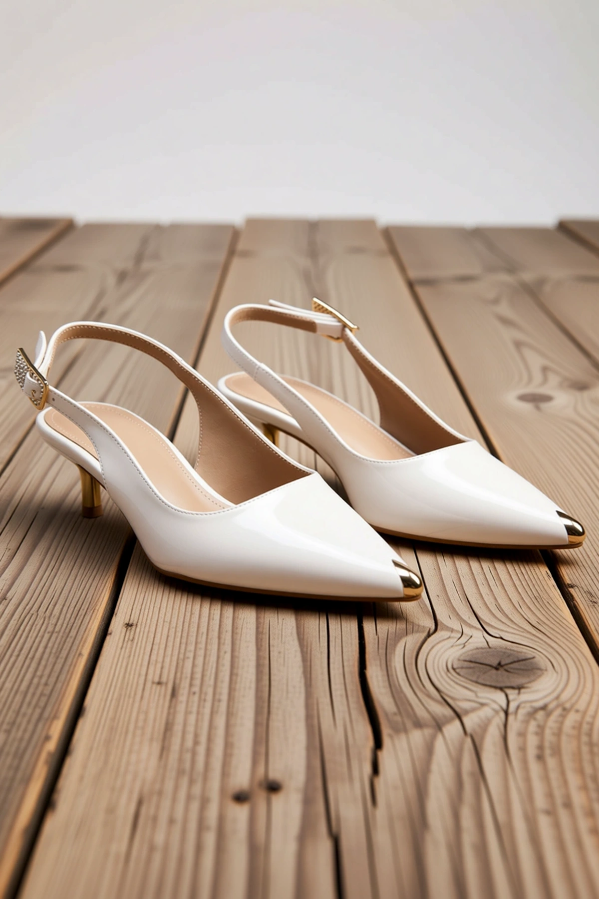 Kadın Sivri Burun Sling Back Kitten Topuk Rugan Ayakkabı Yükseklikte Altın Aksesuar Detaylı Günlük