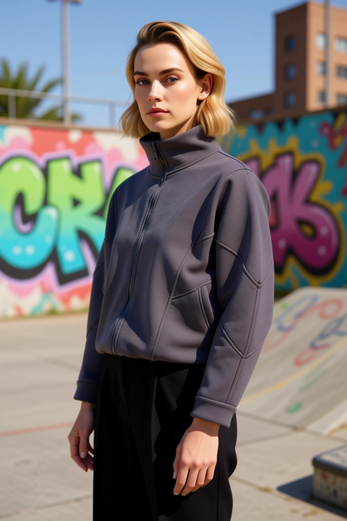 Kadın Dik Yaka Fermuarlı Düşük Kol Örme Sweatshirt Fonksiyonel Dayanıklı Kaliteli Konforlu