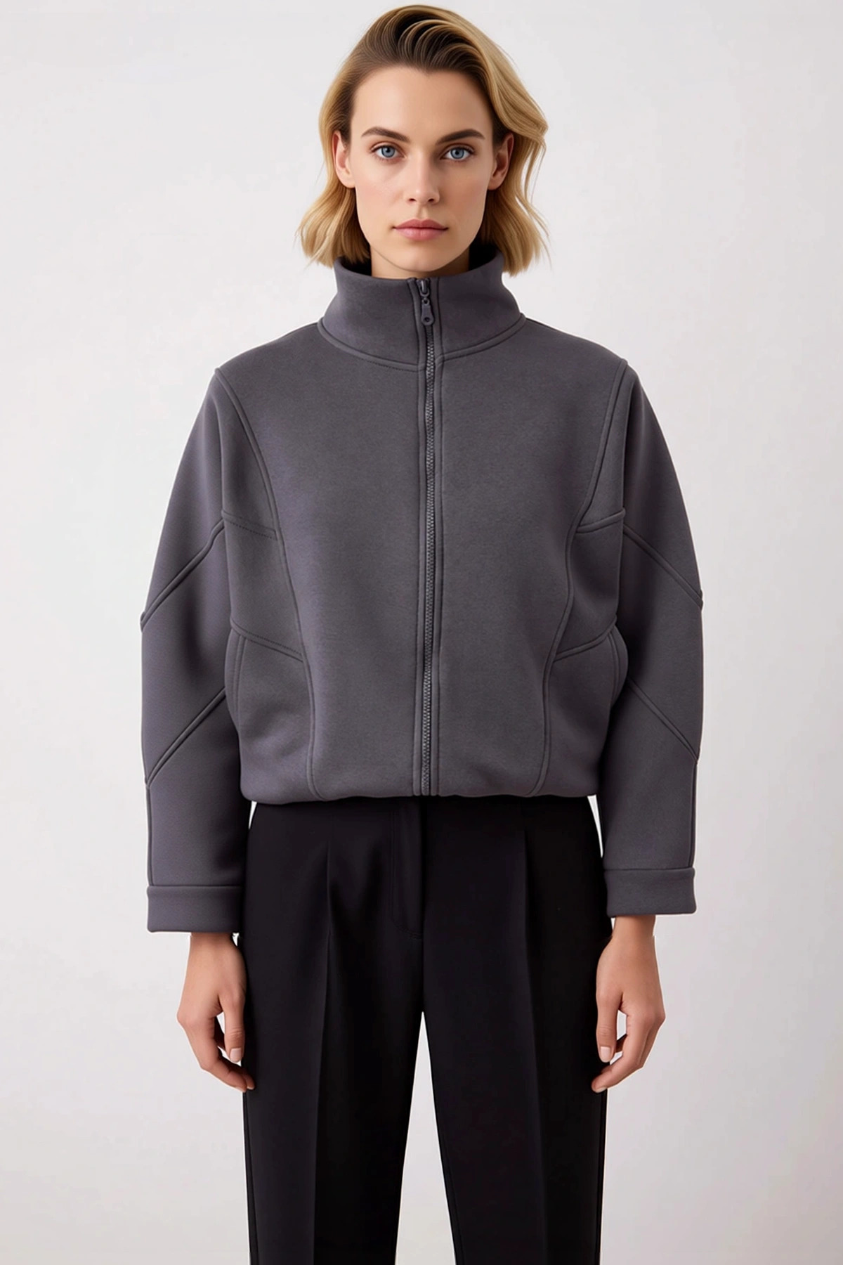 Kadın Dik Yaka Fermuarlı Düşük Kol Örme Sweatshirt Fonksiyonel Dayanıklı Kaliteli Konforlu