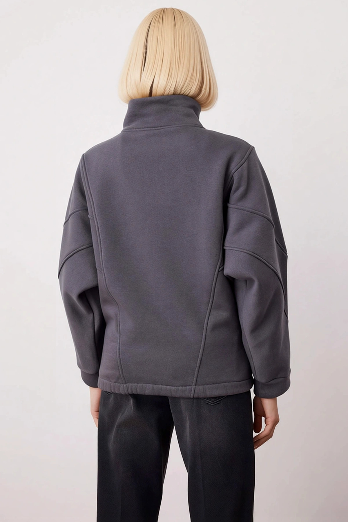 Kadın Dik Yaka Fermuarlı Düşük Kol Örme Sweatshirt Fonksiyonel Dayanıklı Kaliteli Konforlu
