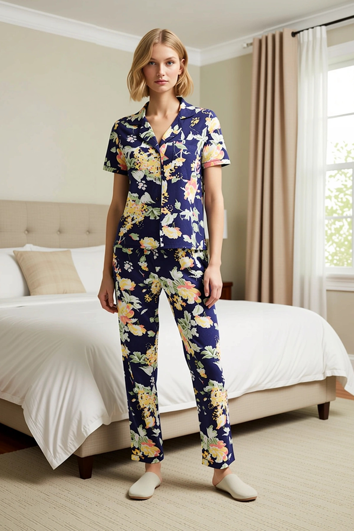 Kadın Gömlek Yaka Kısa Kollu Pijama Takımı Çiçekli Regular Kalıp Fonksiyonel Şık