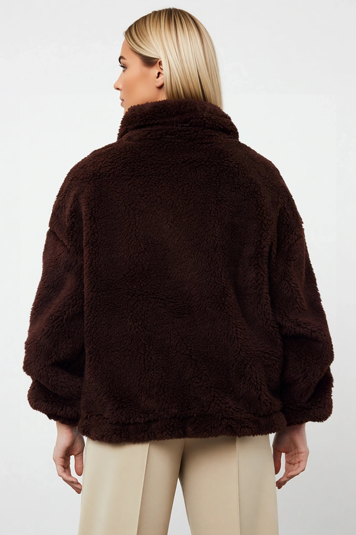Kadın Oversize Kalıp Dik Yaka Düz Peluş Ceket Uzun Kol Fonksiyonel Dayanıklı Kaliteli Spor