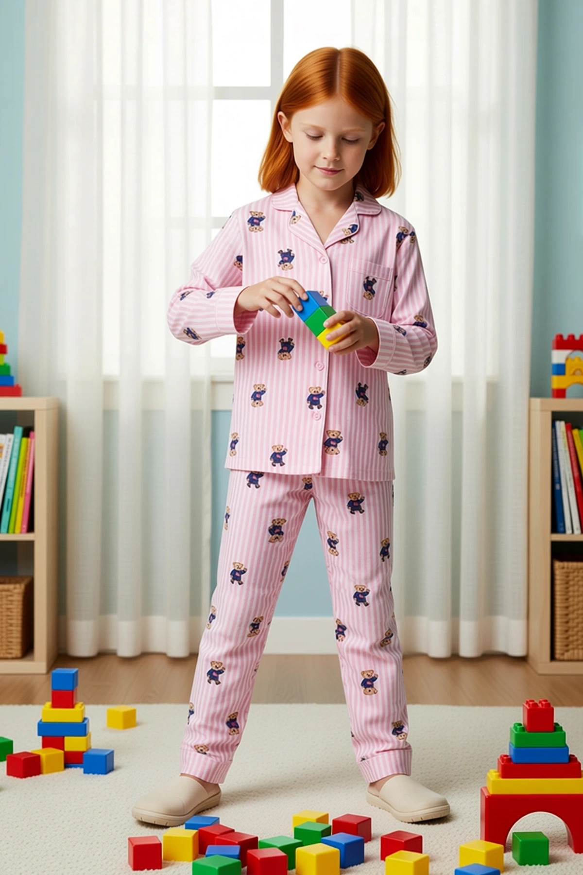 Alternative view of Kız Çocuk Gömlek Yaka Standart Kol Regular Kalıp Örme Çizgili Pijama Takımı