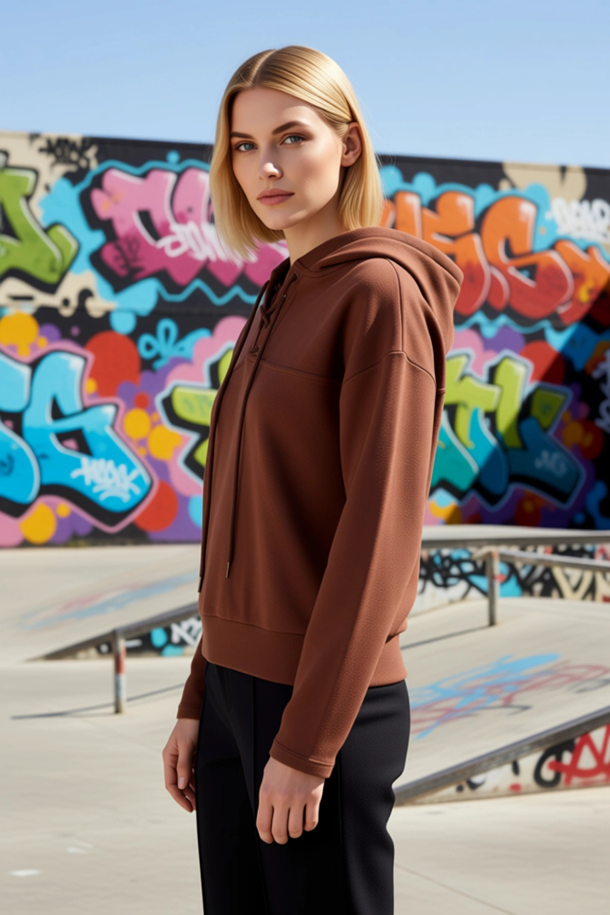 Kadın Kapüşonlu Standart Kol Bağlama Detaylı Örme Sweatshirt Fonksiyonel Dayanıklı Estetik