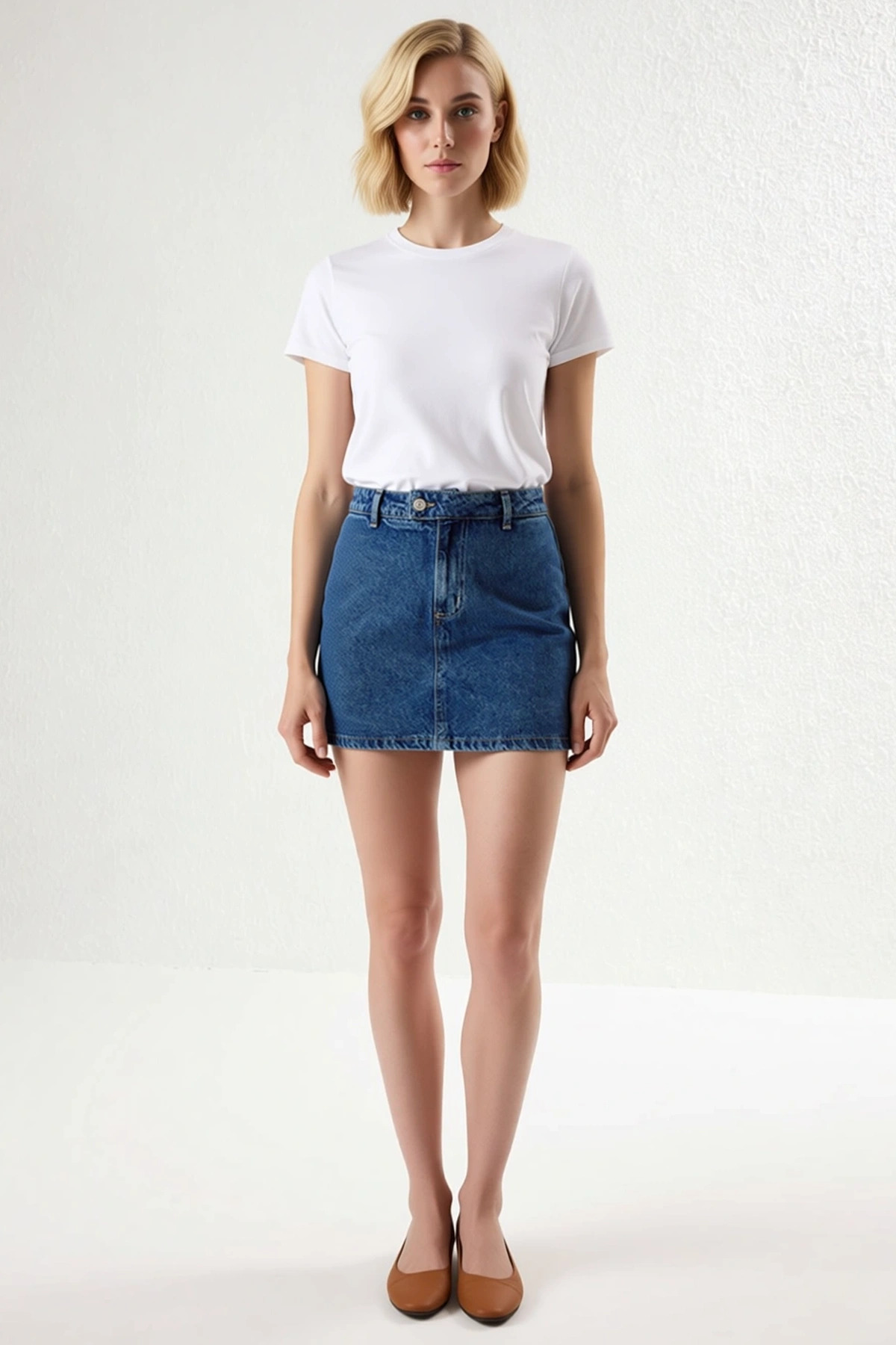 Kadın Mini Şort Etek Yüksek Düz Desen Denim Kumaş Rigid Dokuma Yaz Sezonu Günlük