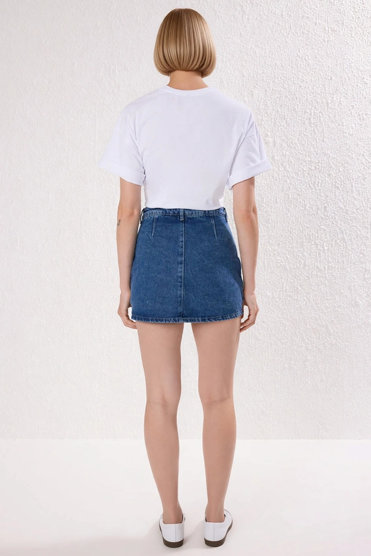 Kadın Mini Şort Etek Yüksek Düz Desen Denim Kumaş Rigid Dokuma Yaz Sezonu Günlük
