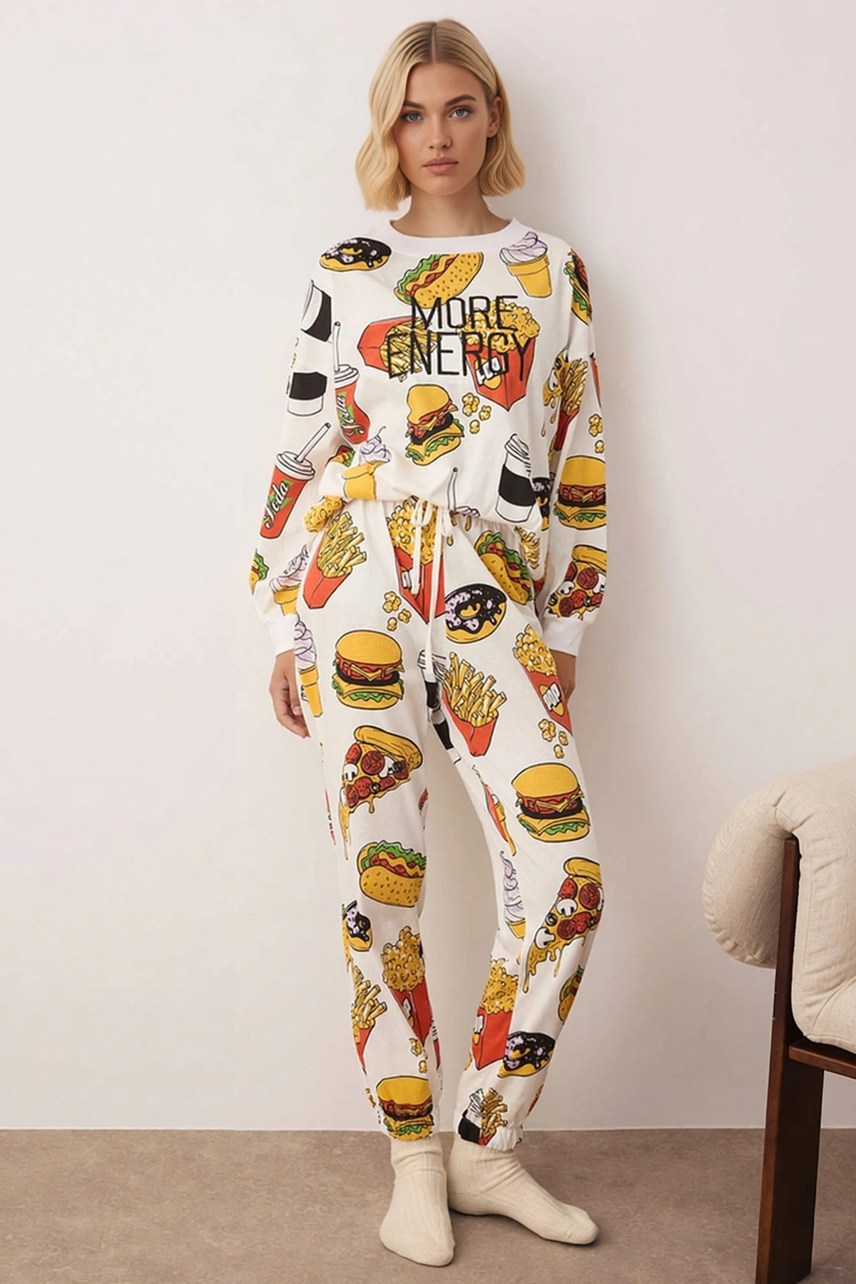 Kadın Bisiklet Yaka Düşük Kol Fitted Örme Pijama Takımı Fonksiyonel Dayanıklı Şık %100 Pamuk