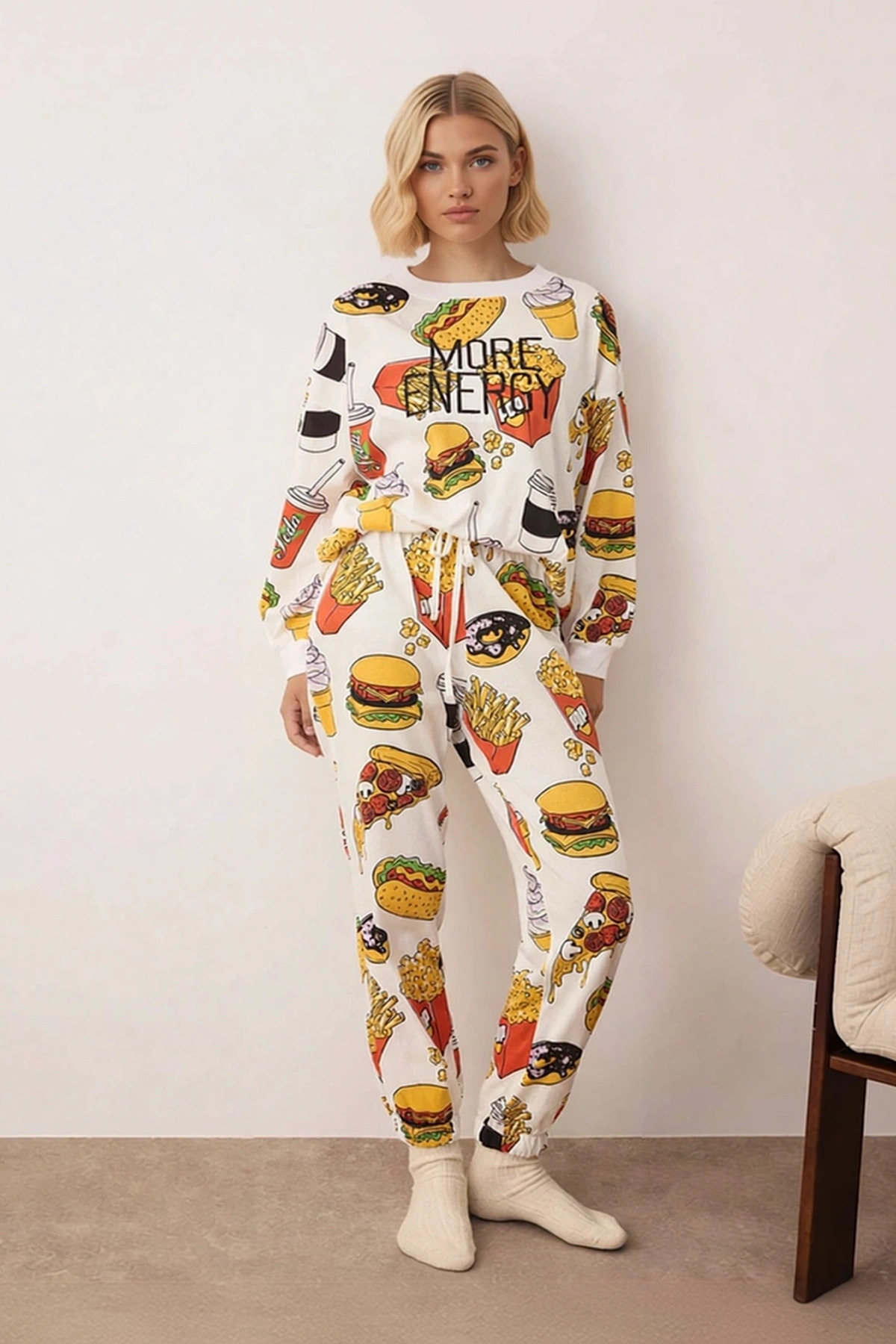 Kadın Bisiklet Yaka Düşük Kol Fitted Örme Pijama Takımı Fonksiyonel Dayanıklı Şık %100 Pamuk
