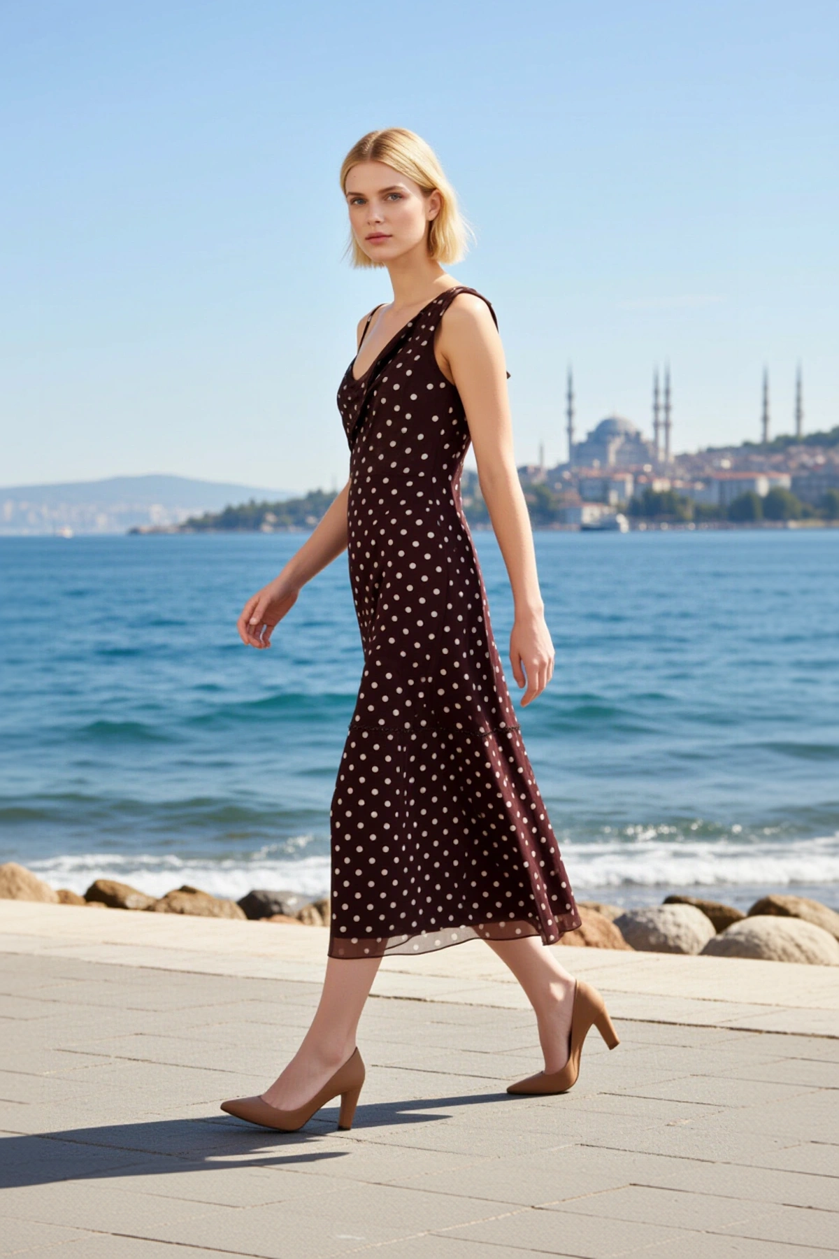 Kadın Maxi Bodycon Örme Puantiyeli Asimetrik Yaka Kolsuz Büzgülü Fonksiyonel Modern