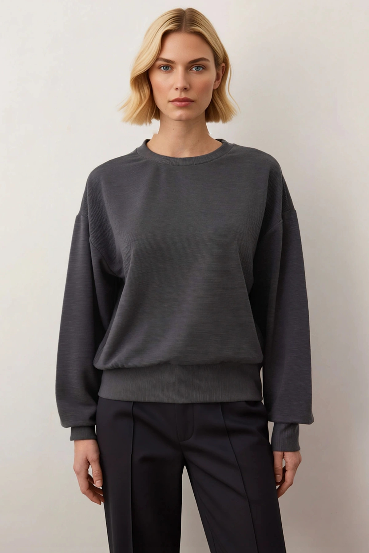 Kadın Bisiklet Yaka Düşük Kol Ottoman Kalıp Örme Sweatshirt Fonksiyonel Dayanıklı Kaliteli