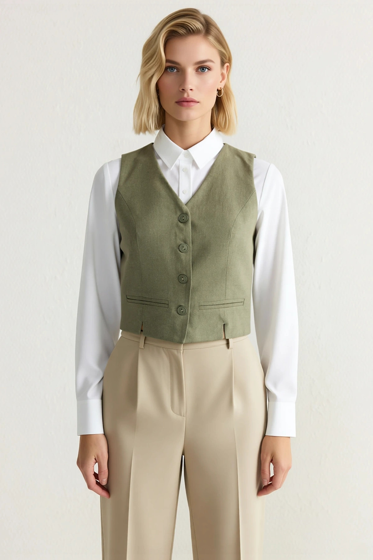 Kadın V Yaka Kolsuz Fitted Crop Dokuma Yelek Görünümlü Düz Desenli Astarlı Model %100 Pamuk