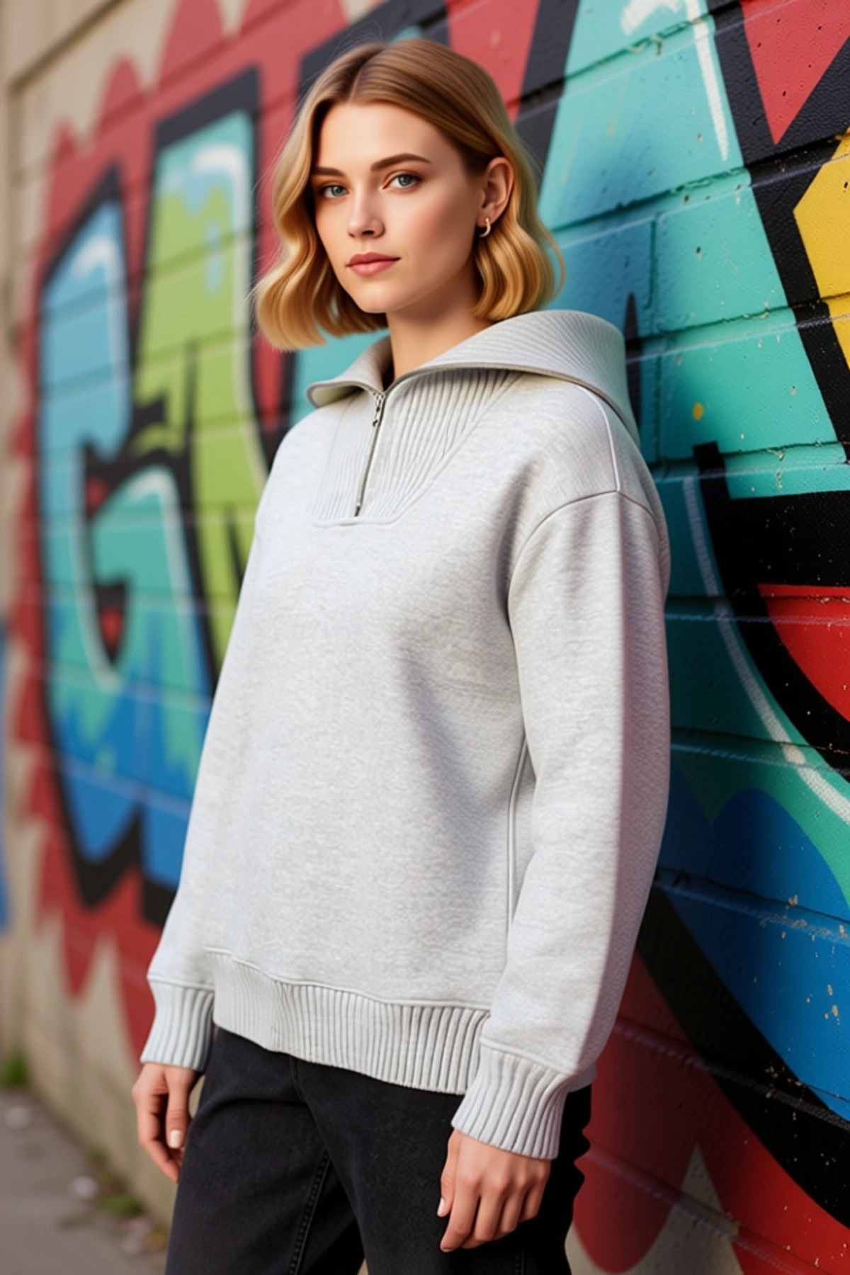 Kadın Kapüşonlu Düşük Kol Fermuarlı Relaxed Kalıp Örme Sweatshirt Fonksiyonel Dayanıklı Şık