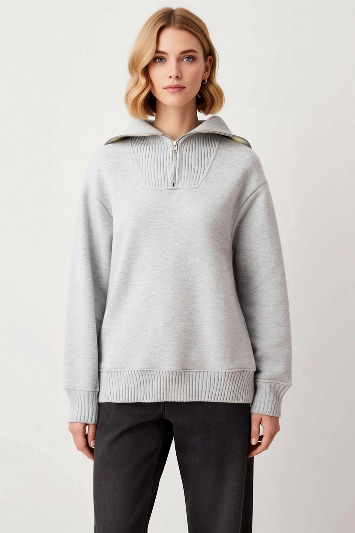 Kadın Kapüşonlu Düşük Kol Fermuarlı Relaxed Kalıp Örme Sweatshirt Fonksiyonel Dayanıklı Şık