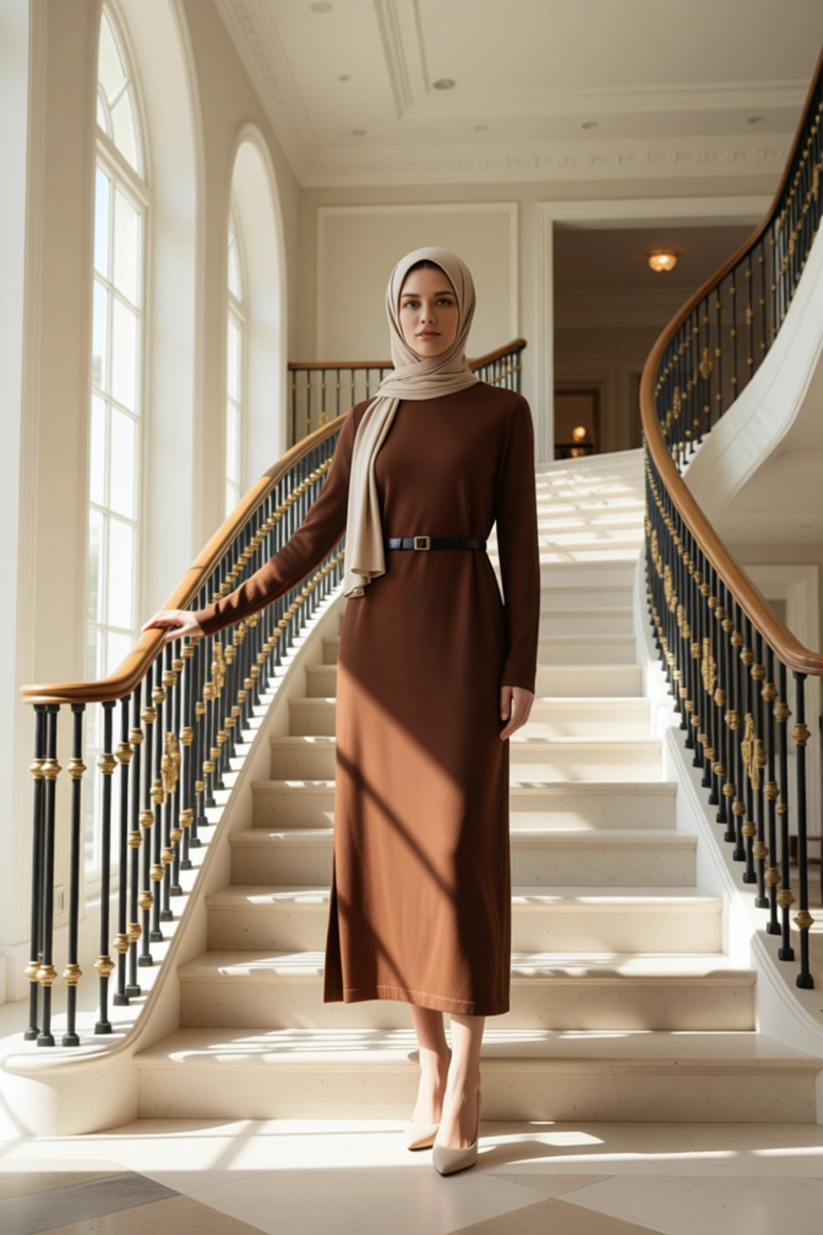 Kadın Dik Yaka Standart Kol Triko Elbise Maxi Kalıp Düz Desen Kışlık Kadın Elbise