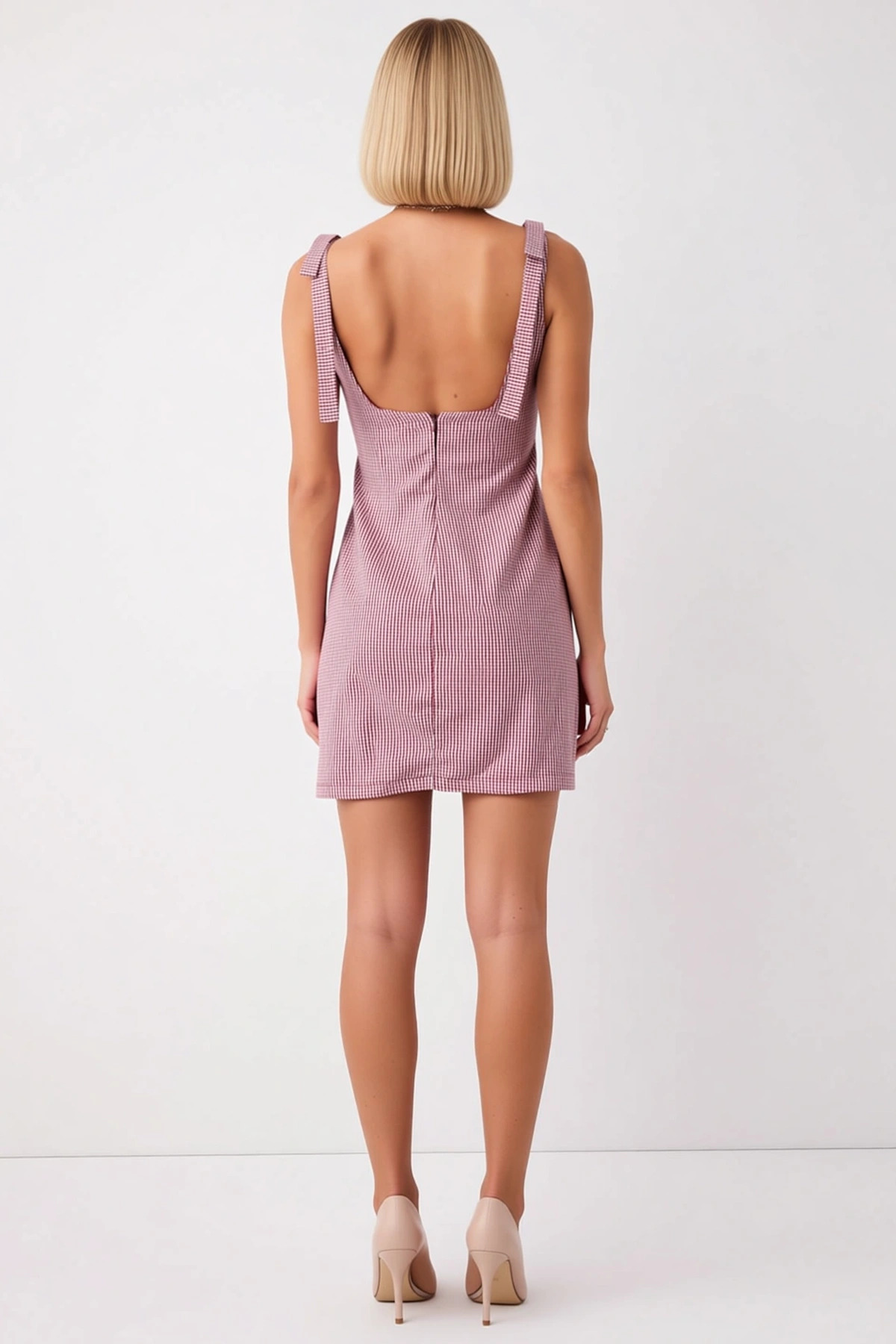 Kadın Kare Yaka Kalın Askılı Bodycon Mini Elbise Ekose Desenli Şık