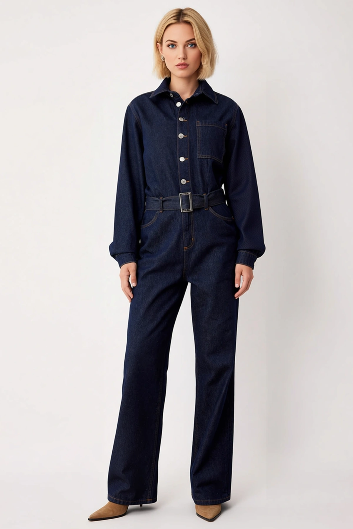 Kadın Gömlek Yaka Uzun Standart Kol Regular Kalıp Geniş Paça Düz Desen Denim Tulum %100 Pamuk