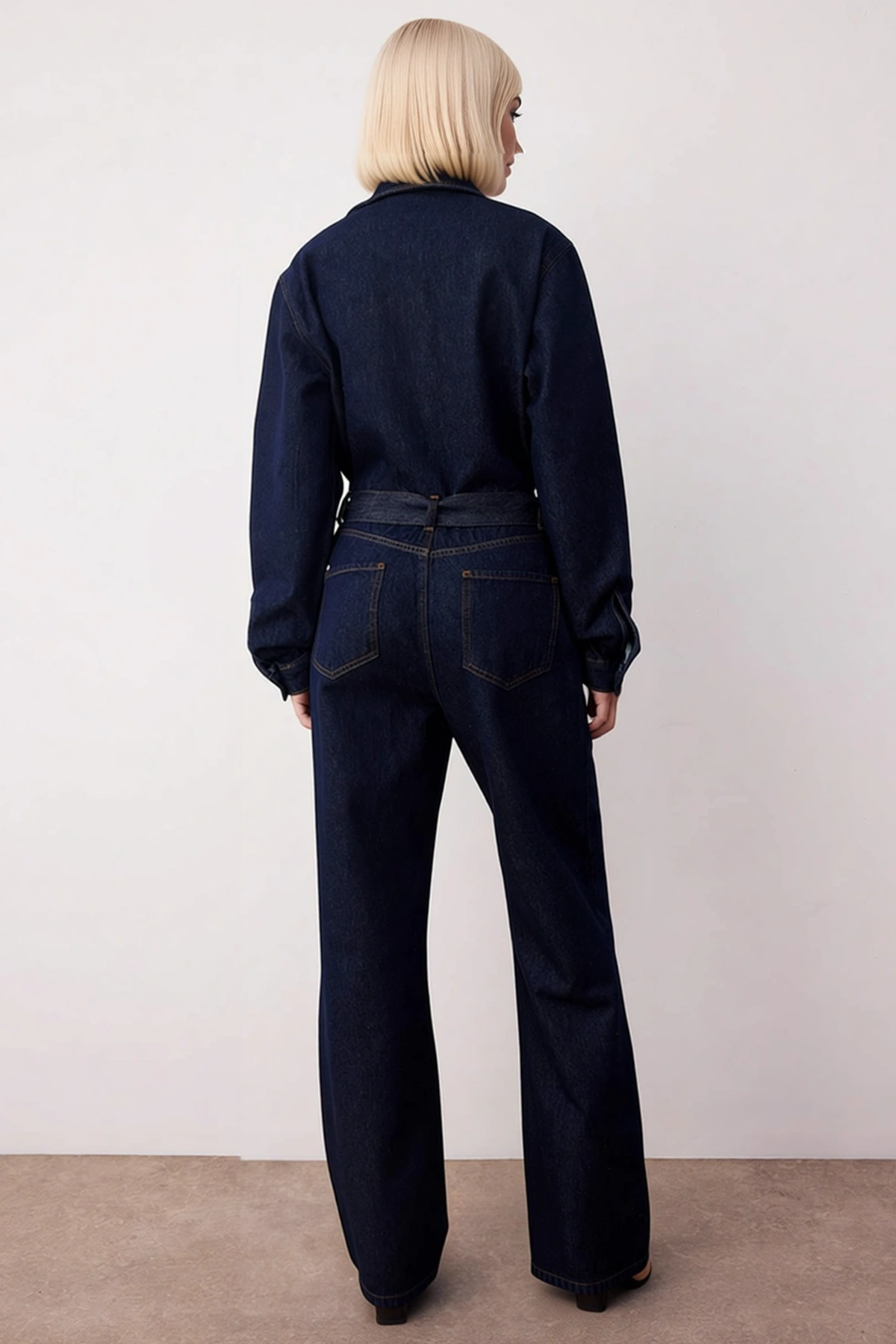 Kadın Gömlek Yaka Uzun Standart Kol Regular Kalıp Geniş Paça Düz Desen Denim Tulum %100 Pamuk