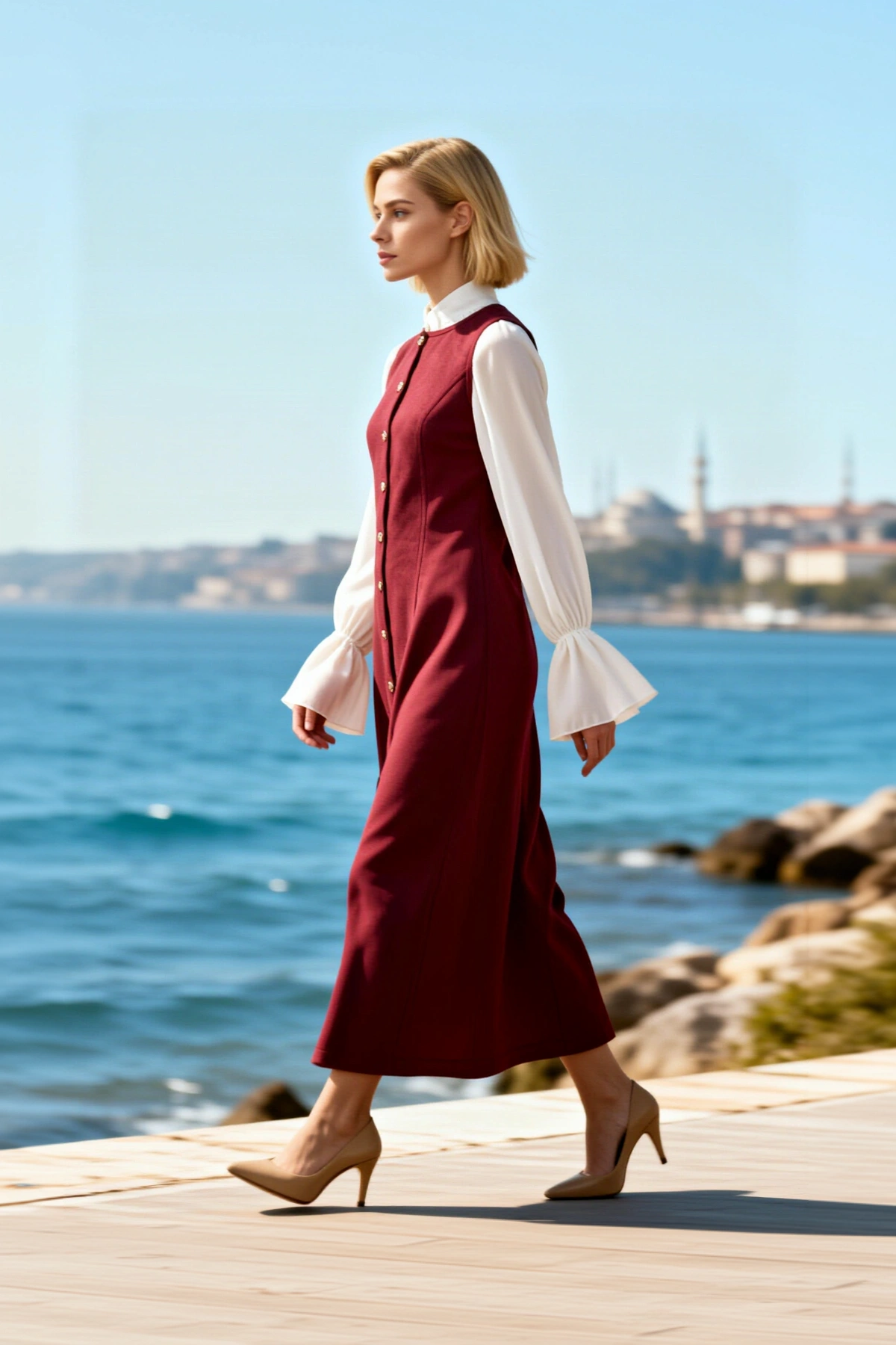 Kadın Elbise Jile Bisiklet Yaka Kolsuz Dokuma Düğmeli Maxi Boy Shift Kalıp Full Düğme Kapama