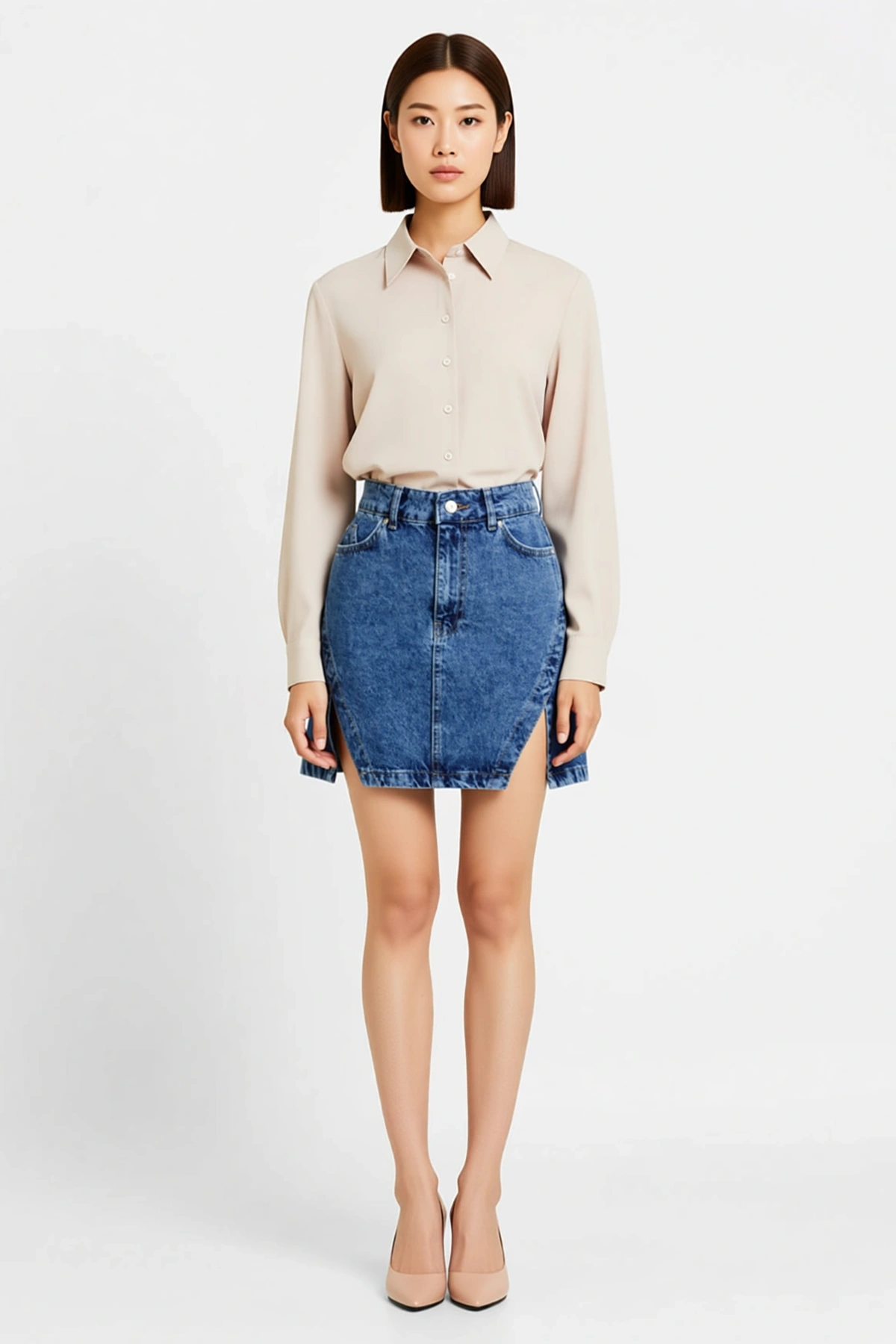 Kadın Mini Denim Etek Yüksek Bel A-Line Kesim Yırtmaçlı Detaylı %100 Pamuk Günlük Rahat Modern Şık