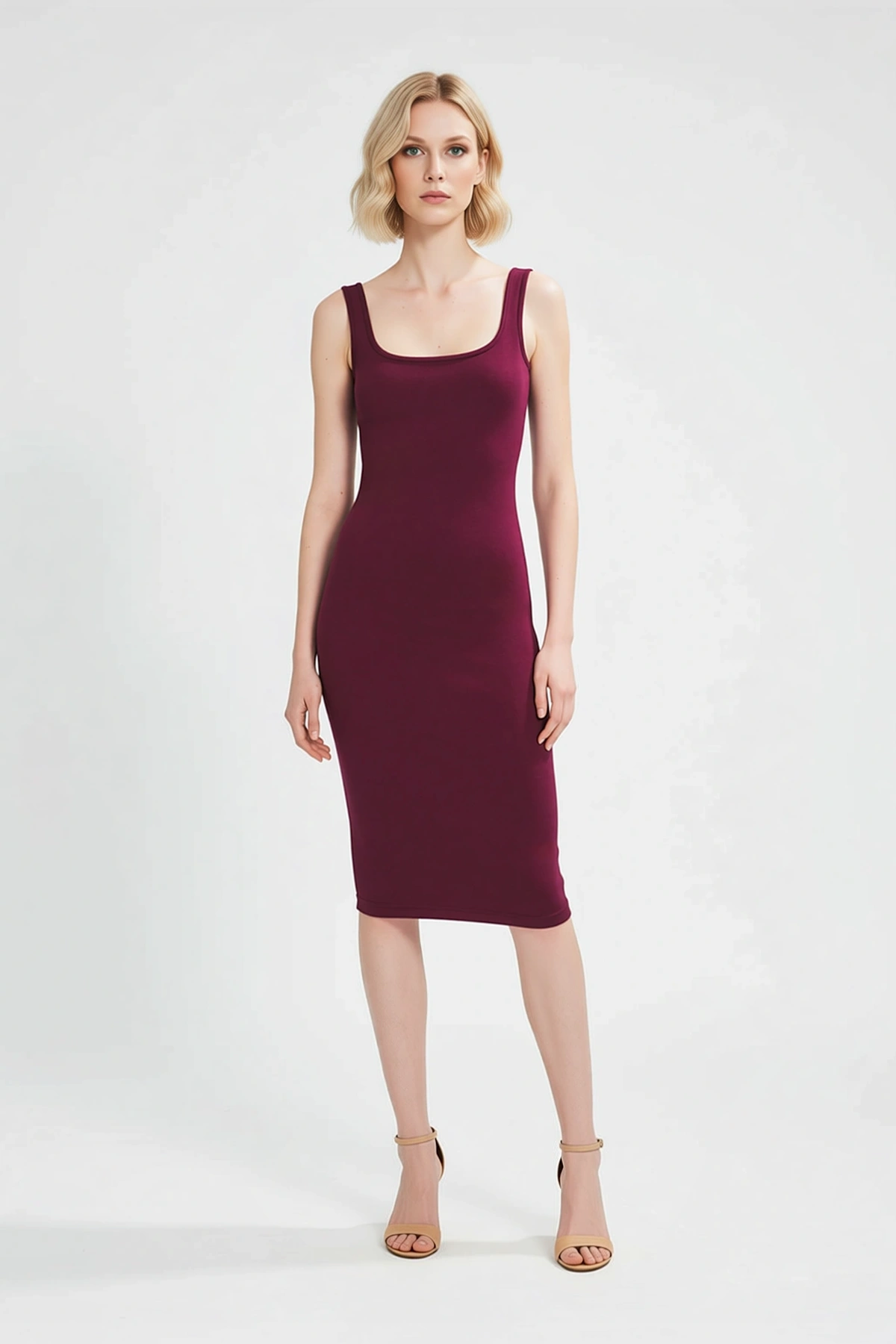 Kadın Midi Bodycon Örme Elbise Kare Yaka Kalın Askılı Viskoz Liyosel Karışımı Günlük Rahat Modern