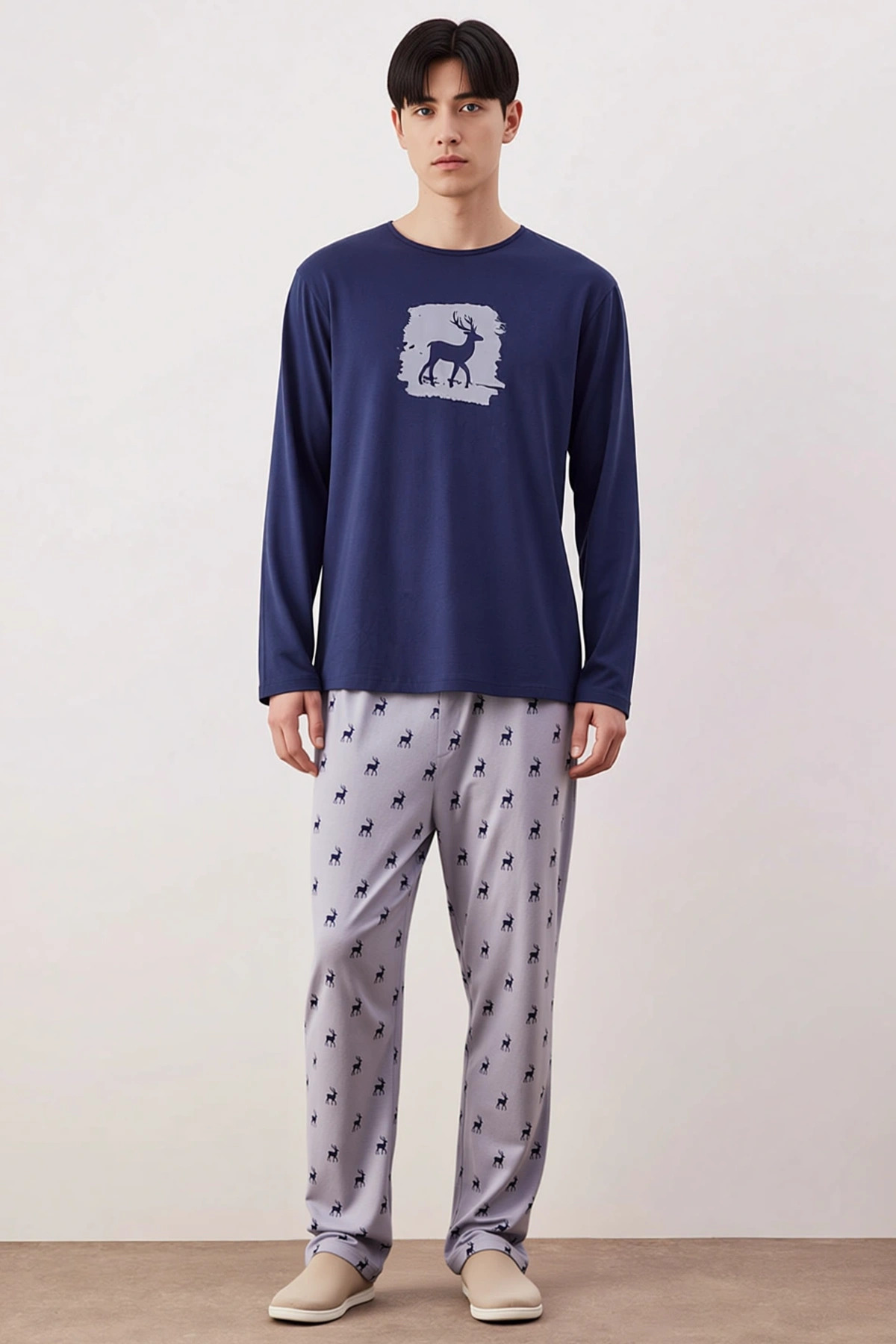 Erkek Bisiklet Yaka Uzun Kol Regular Fit Geyik Baskılı Pijama Takımı Fonksiyonel %100 Pamuk