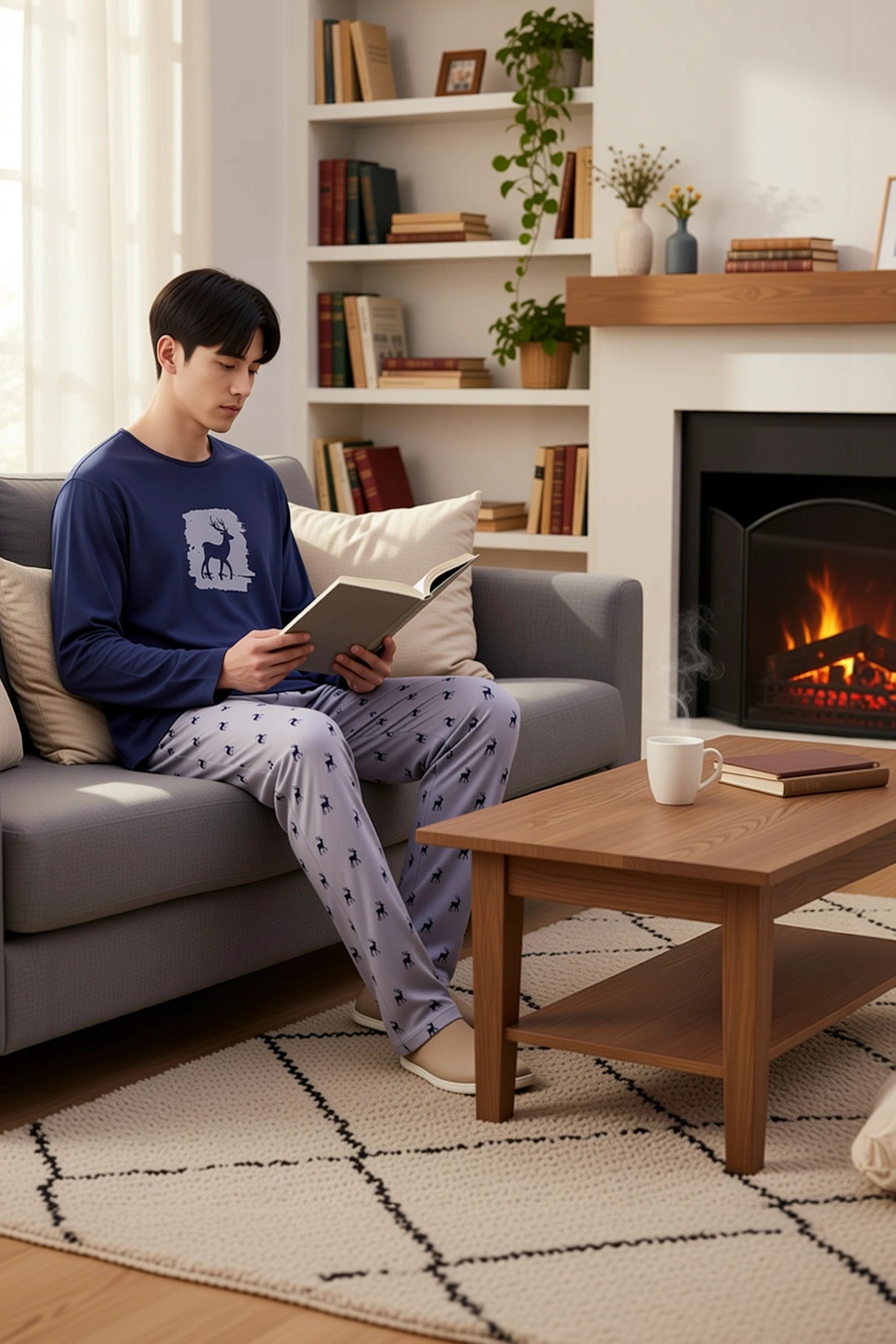 Erkek Bisiklet Yaka Uzun Kol Regular Fit Geyik Baskılı Pijama Takımı Fonksiyonel %100 Pamuk