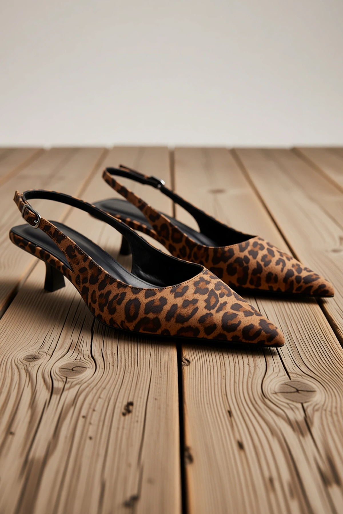 Kadın Sivri Burunlu Slingback Kitten Topuklu Ayakkabı Leopar Desen Hakiki Deri Günlük Rahat Modern