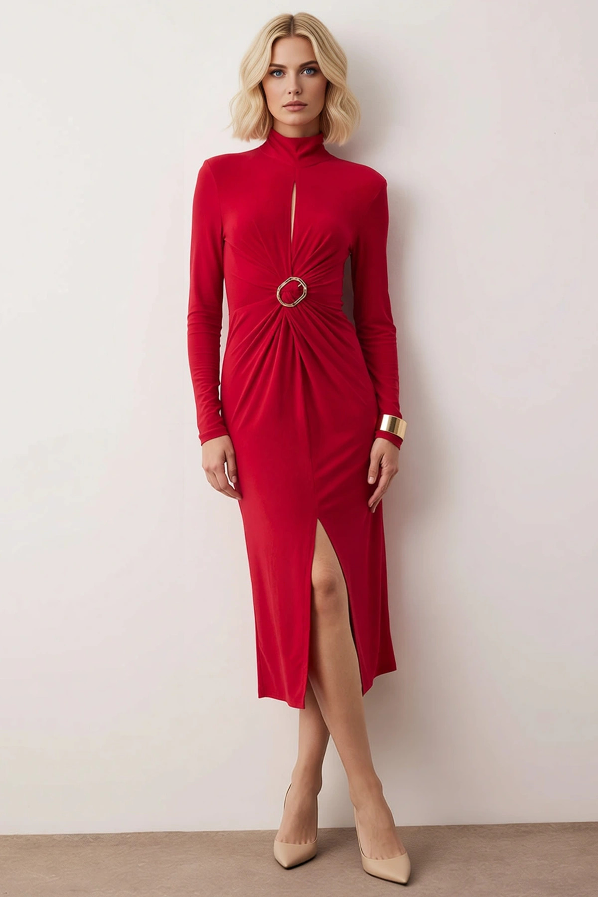 Kadın Dik Yaka Uzun Kol Standart Kol Bodycon Kalıp Örme Midi Elbise Fonksiyonel Dayanıklı Şık