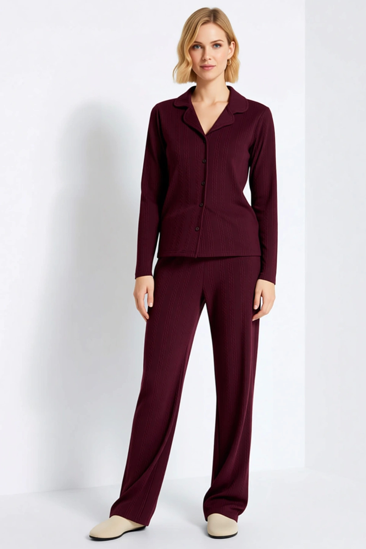 Kadın Gömlek Yaka Standart Kol Regular Kalıp Kışlık Örme Pijama Takımı 97 3