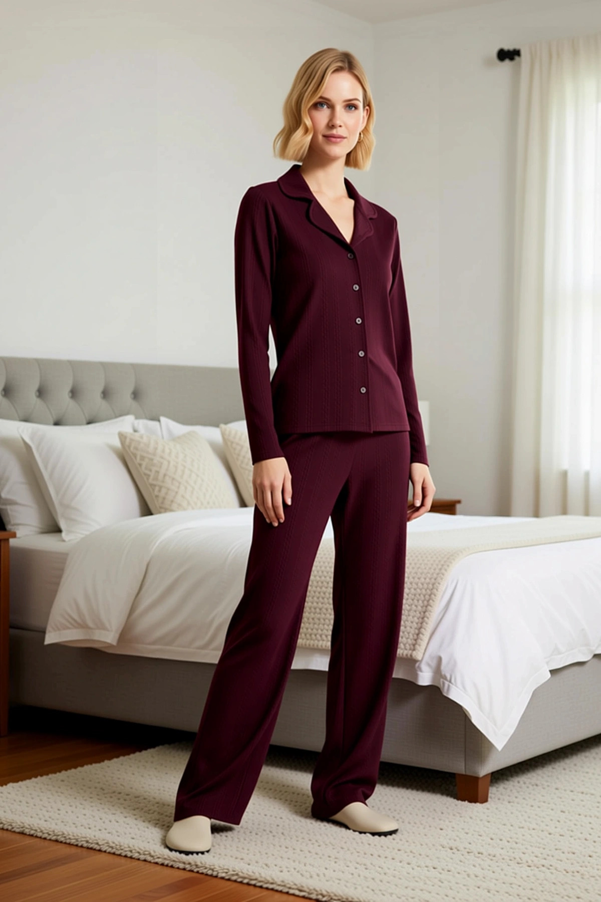 Kadın Gömlek Yaka Standart Kol Regular Kalıp Kışlık Örme Pijama Takımı 97 3