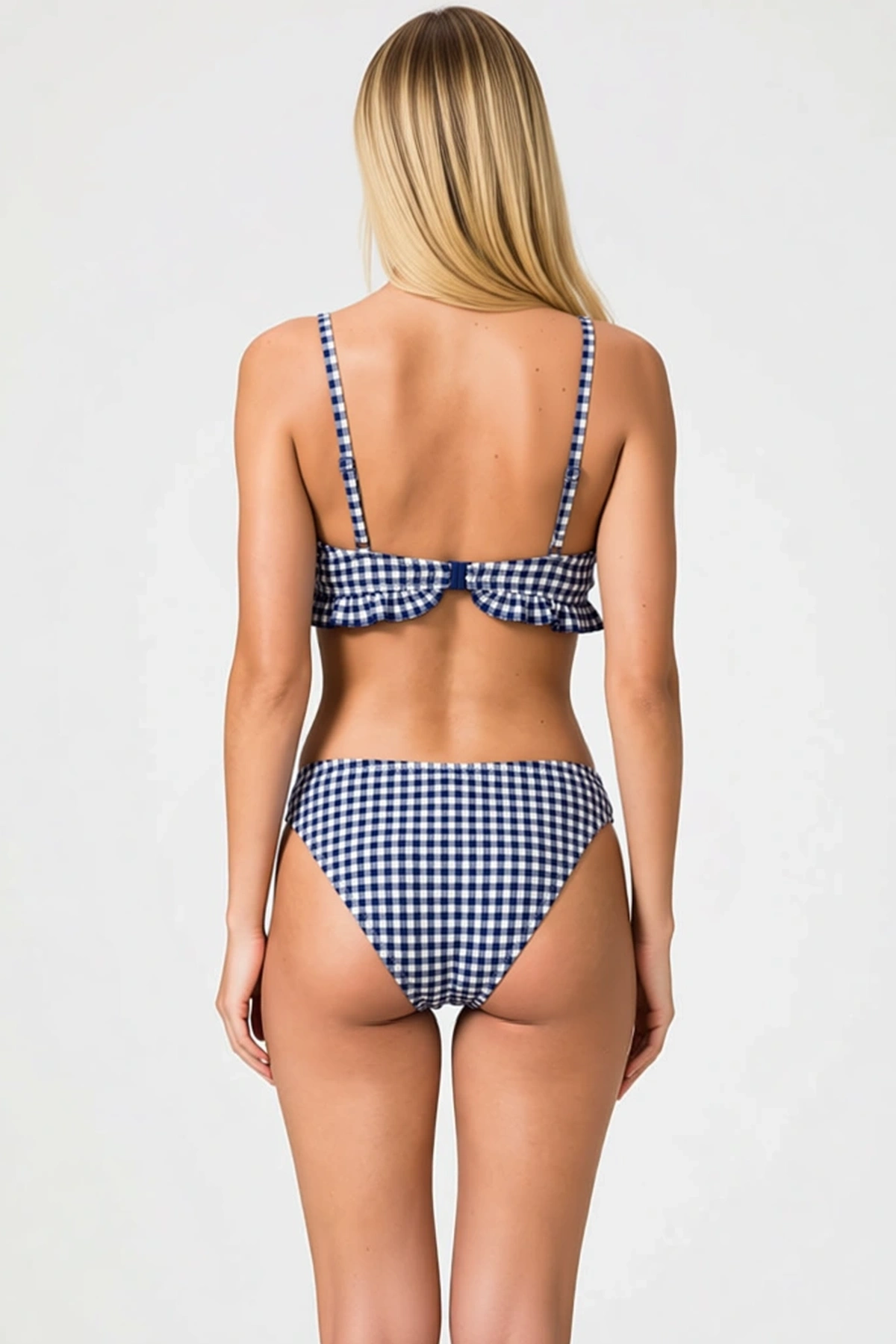 Kadın Bikini Takımı Üçgen Kaplı Fırfırlı İnce Askılı Ekose Desenli Düşük Bel Slip Örme Kumaş