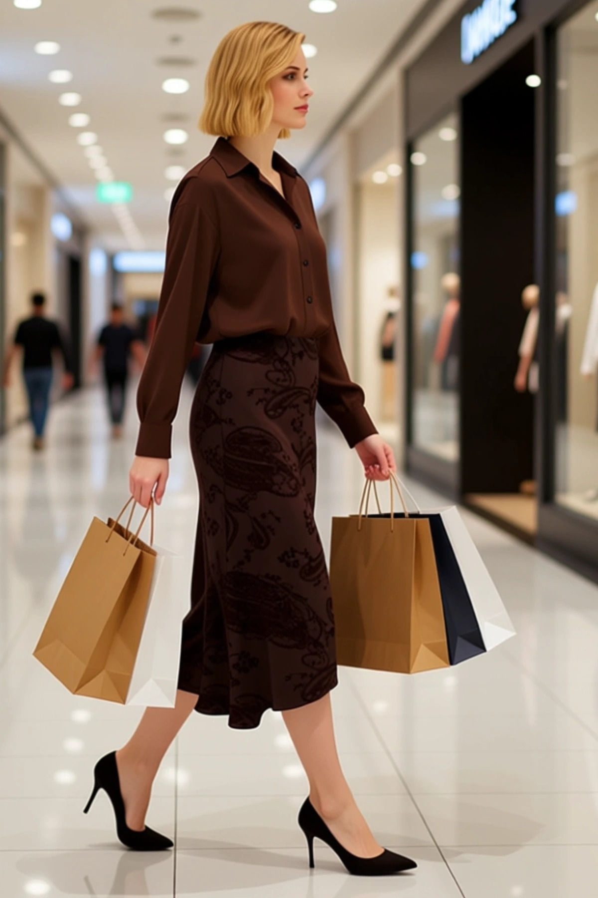 Kadın A line Midi Etek Şal Desenli Düşük Bel %92 Polyester %8 Elastan Fonksiyonel Kaliteli
