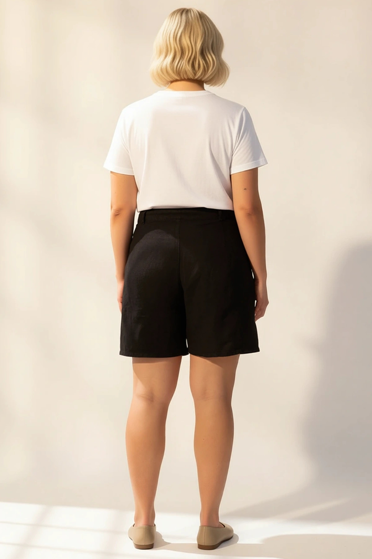Kadın Şort Bermuda Yüksek Bel Karışımlı Dokuma Düz Desen Straight Siluet Kısa Geniş Paça