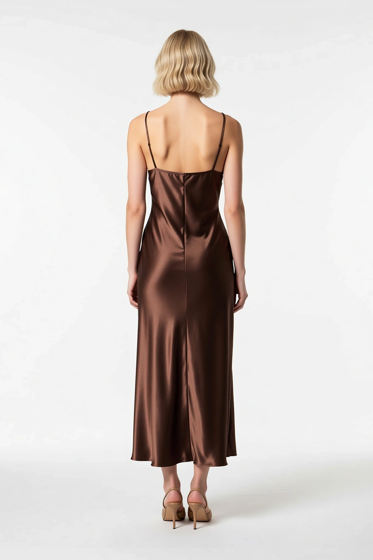 Kadın V Yaka İnce Askılı Maxi Slip Elbise %100 Viskoz Saten Dokuma Astarsız Kolsuz Günlük Rahat