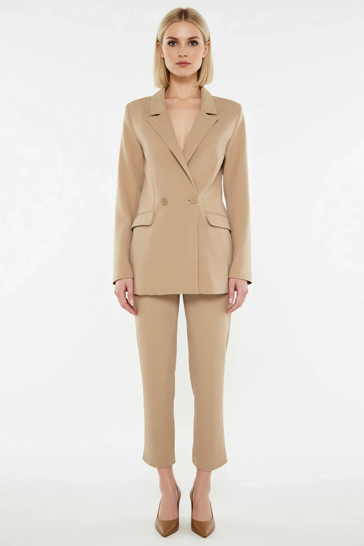 Kadın Büyük Beden Ceket Yaka Uzun Kollu Dokuma Blazer Pantolon Takımı Yüksek Bel Günlük Rahat Modern