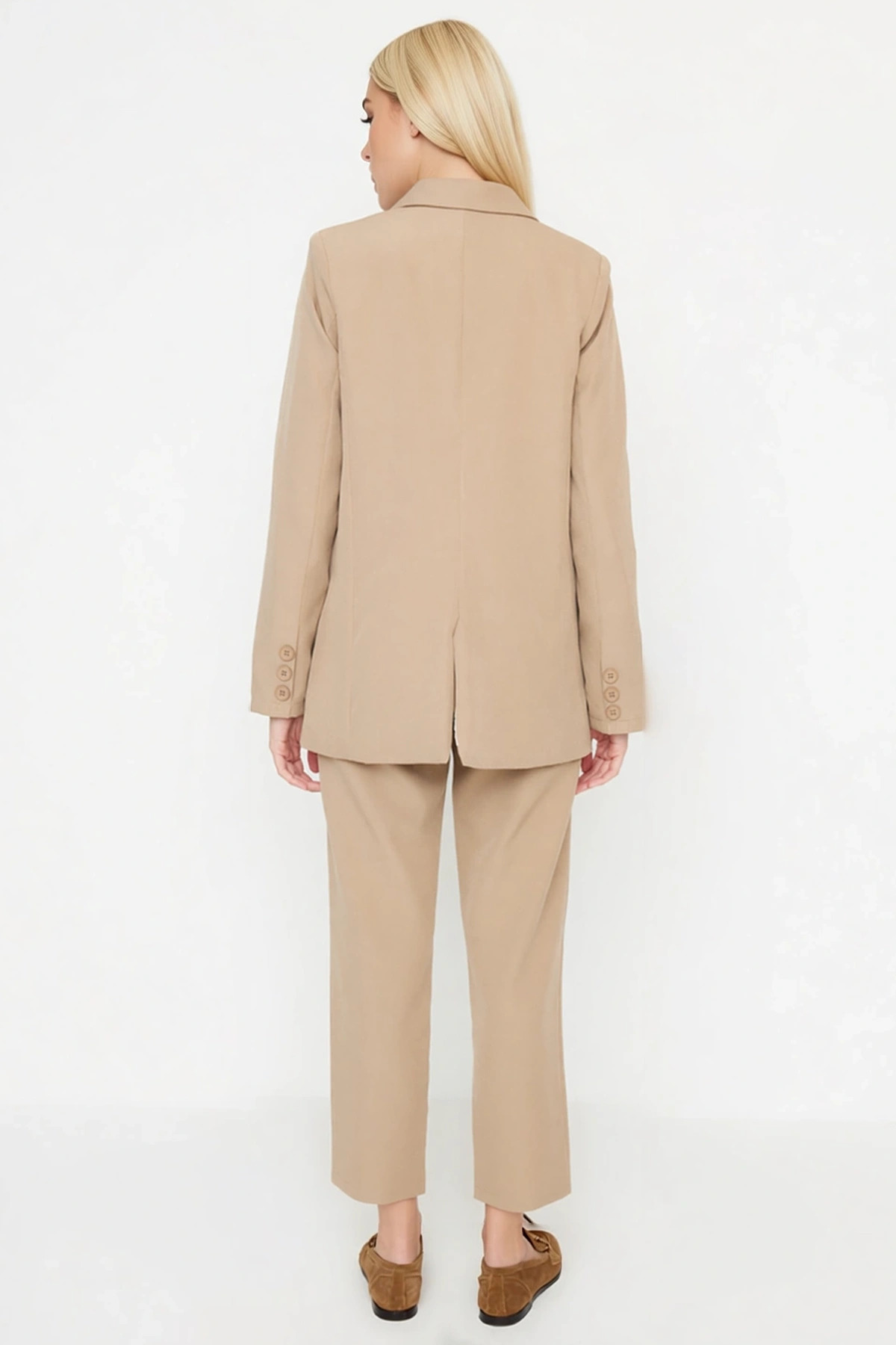Kadın Büyük Beden Ceket Yaka Uzun Kollu Dokuma Blazer Pantolon Takımı Yüksek Bel Günlük Rahat Modern