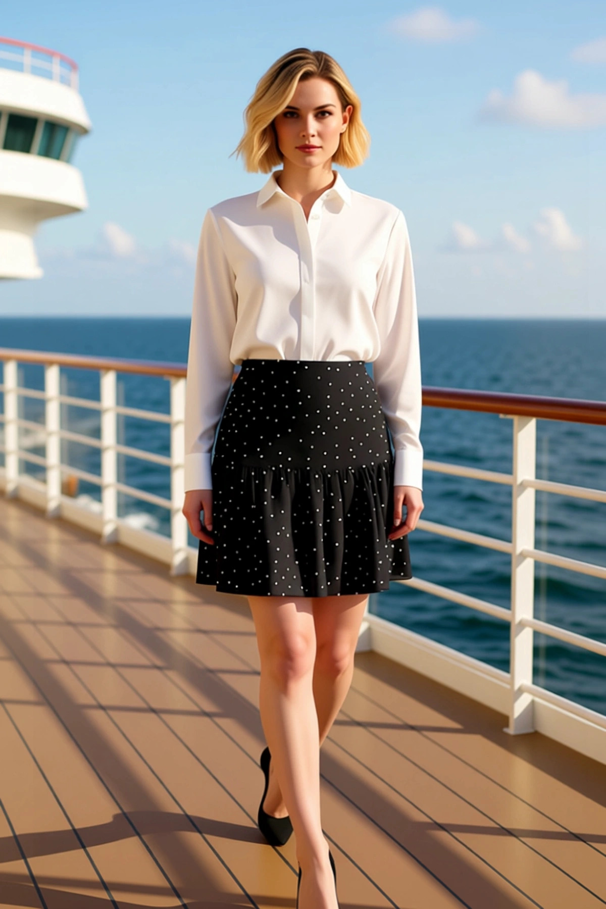 Alternative view of Kadın Puantiyeli Mini Dokuma Etek Yüksek Bel A Kesim Fonksiyonel Dayanıklı Kaliteli Modern