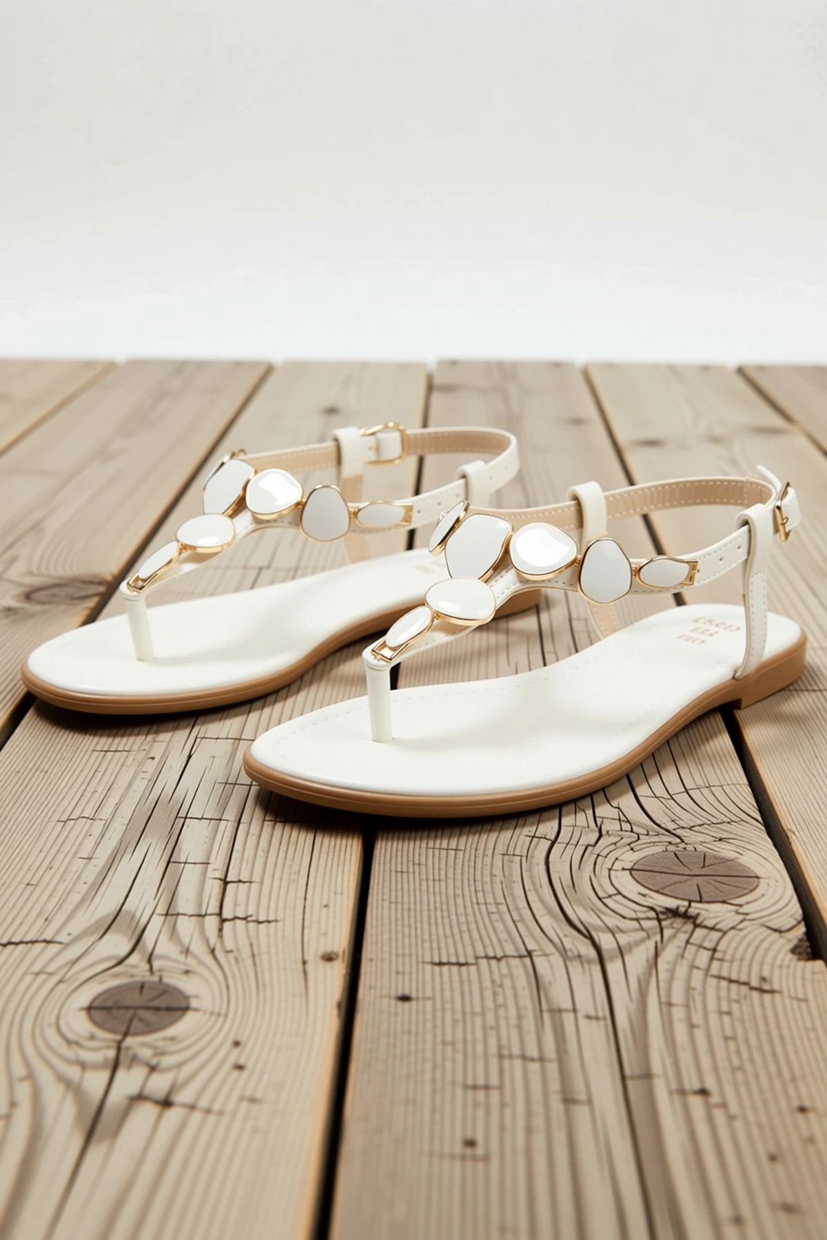 Kadın Düz Topuklu T-Strap Sandalet Bilekten Bağlamalı Metal Detaylı Suni Deri Yaz Ayakkabısı Günlük