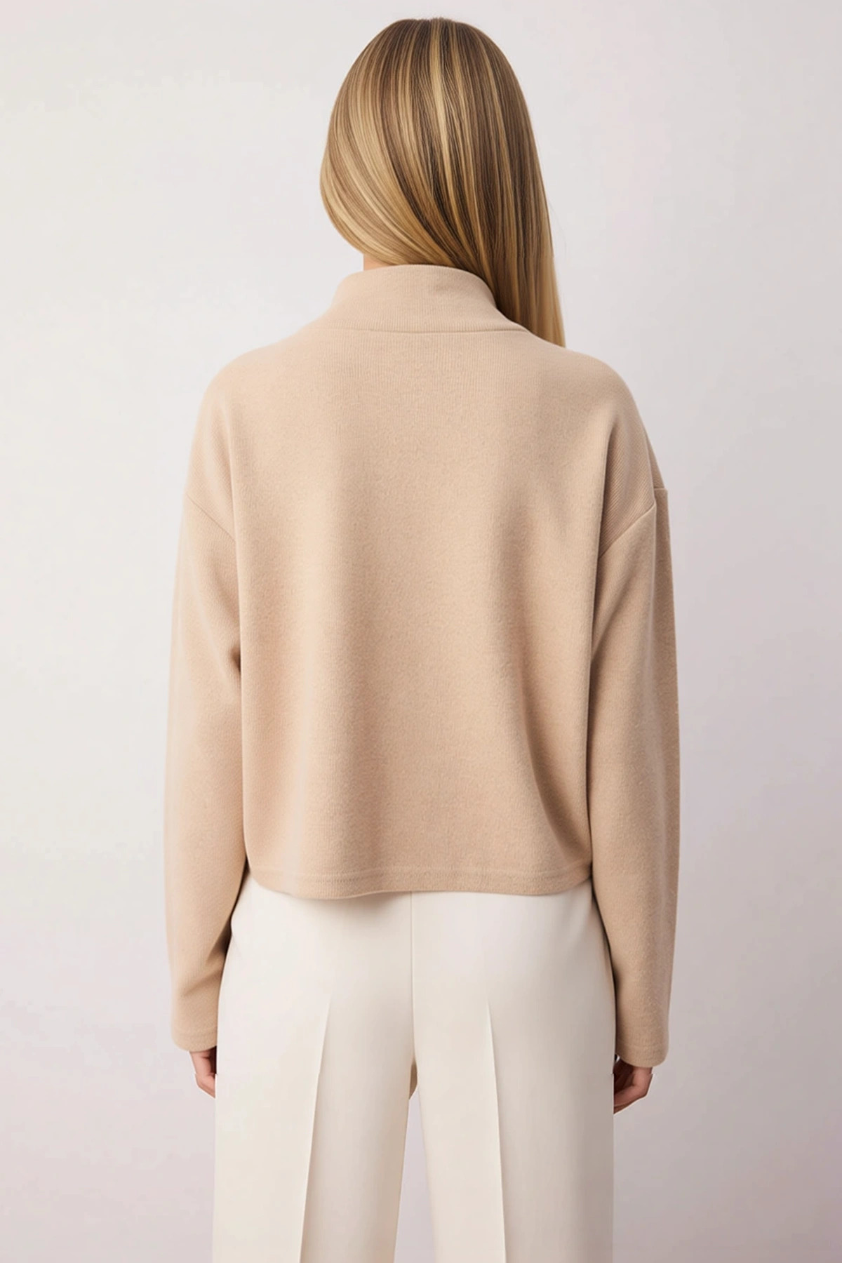 Kadın Dik Yaka Düşük Kol Fermuarlı Regular Kalıp Örme Sweatshirt Fonksiyonel Dayanıklı Şık