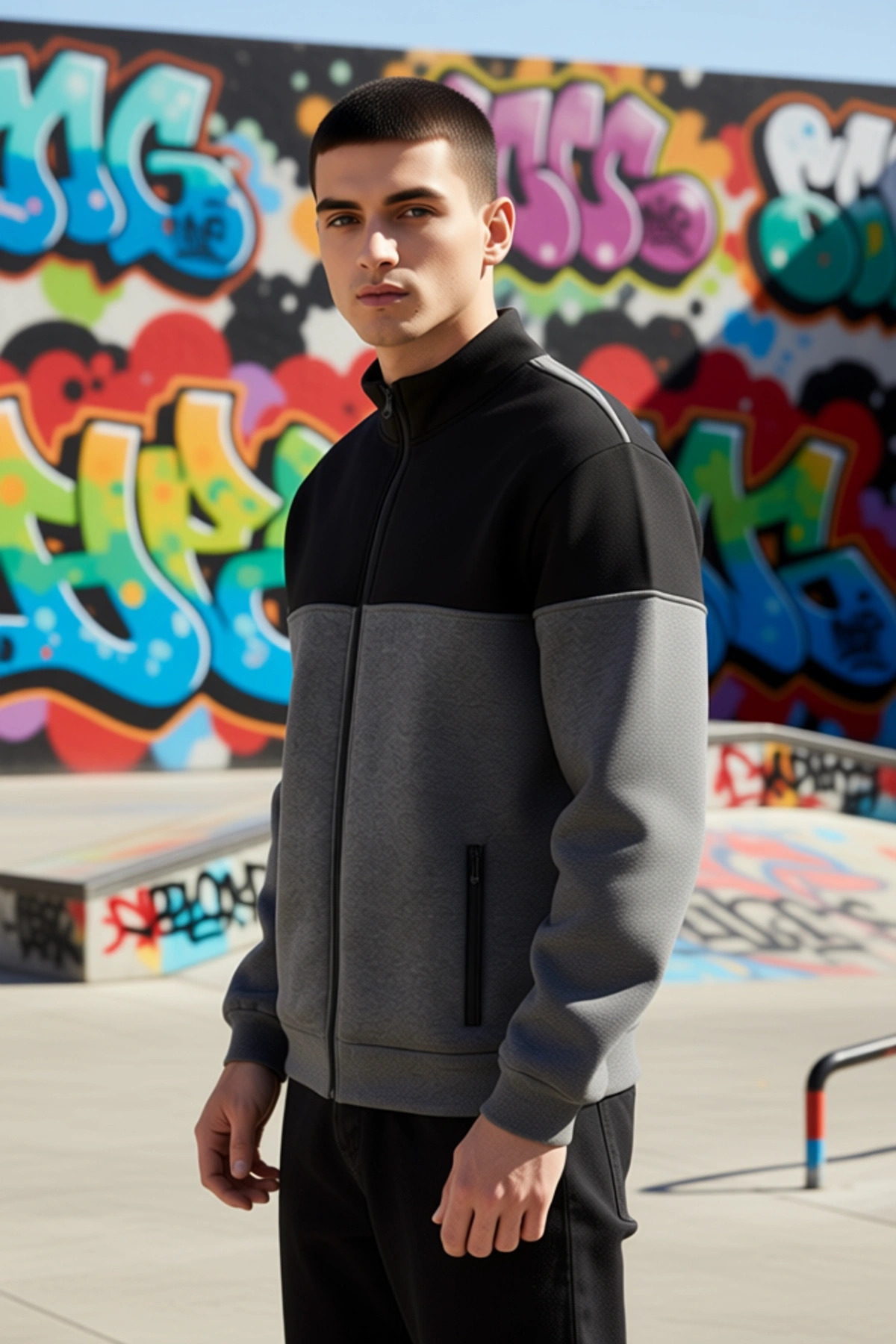 Erkek Dik Yaka Standart Kol Fermuarlı Renk Bloklu Sweatshirt Fonksiyonel Dayanıklı Estetik